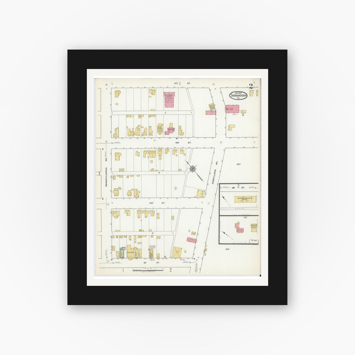 Old map wall art mockup — black gallery frame with white mat — Sanborn Fire Insurance Map from Shenandoah, Page County, Virginia (1917), Sheet #0002