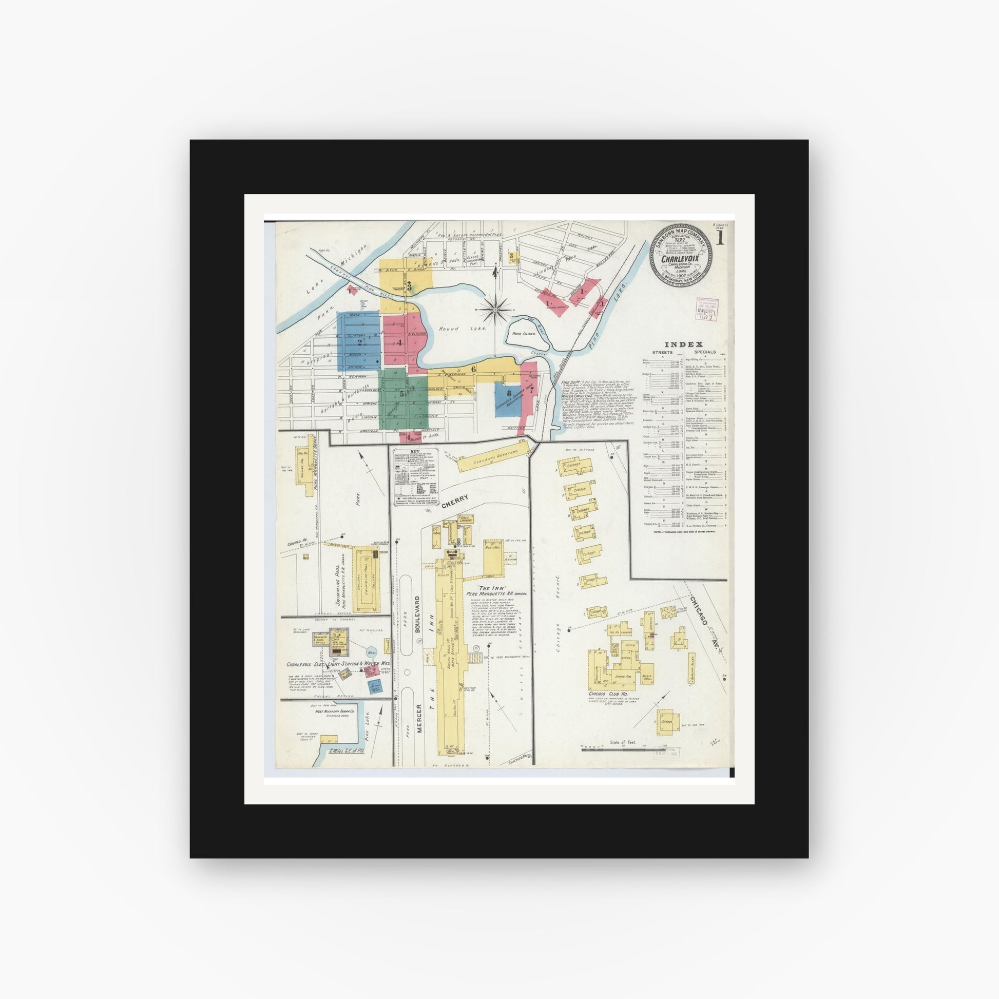 Old map wall art mockup — black gallery frame with white mat — Sanborn Fire Insurance Map from Charlevoix, Charlevoix County, Michigan (1907) - Complete Map Set