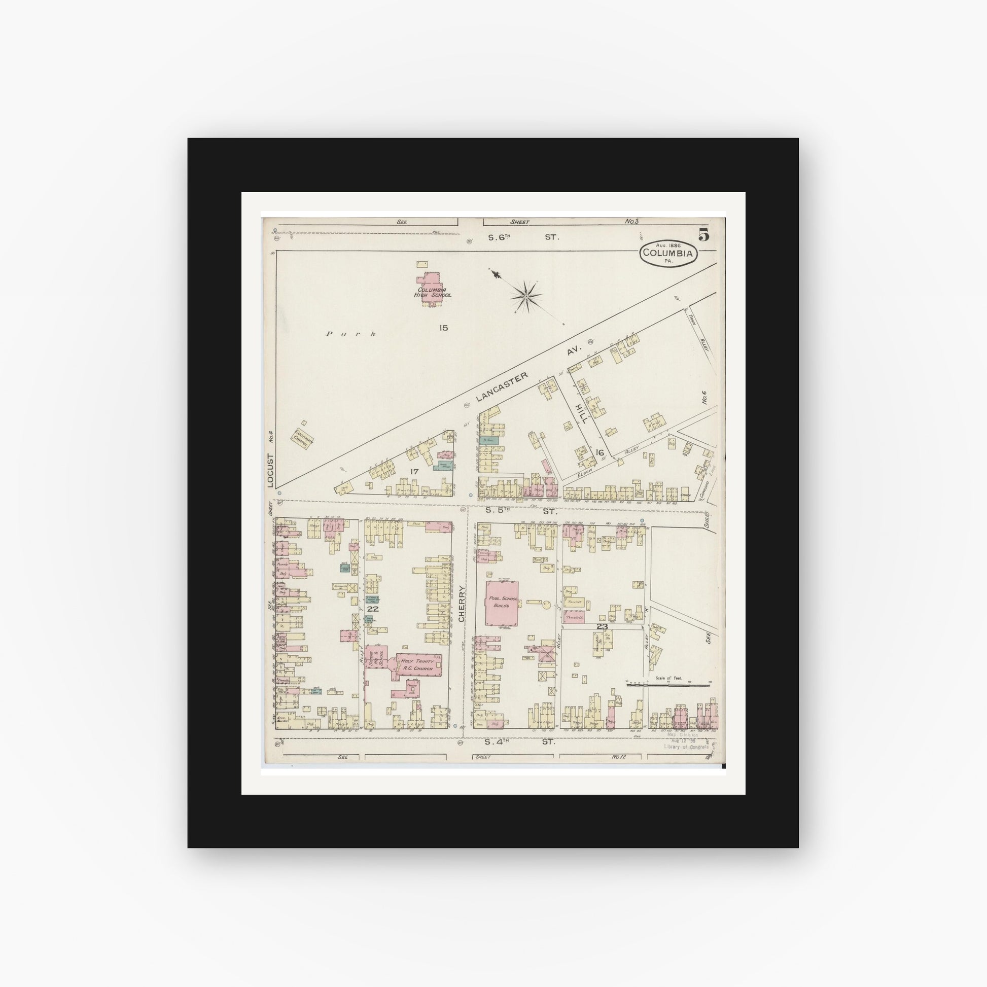 Old map wall art mockup — black gallery frame with white mat — Sanborn Fire Insurance Map from Columbia, Lancaster County, Pennsylvania (1886), Sheet #0005