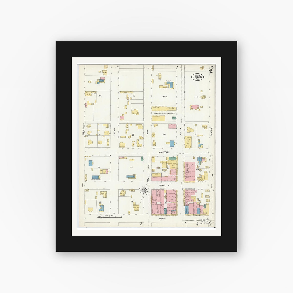 Old map wall art mockup — black gallery frame with white mat — Sanborn Fire Insurance Map from Seguin, Guadalupe County, Texas (1906), Sheet #0002