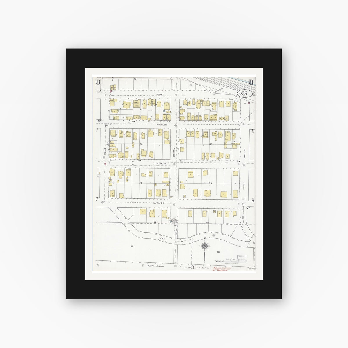 Old map wall art mockup — black gallery frame with white mat — Sanborn Fire Insurance Map from Crockett, Contra Costa County, California (1924), Sheet #0008