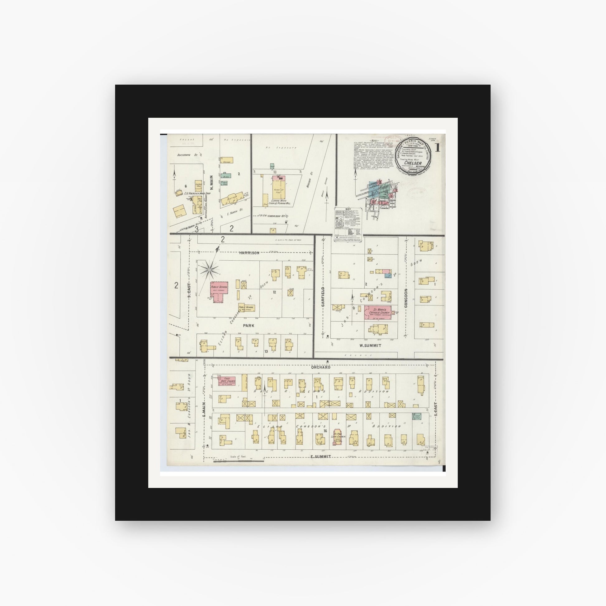 Old map wall art mockup — black gallery frame with white mat — Sanborn Fire Insurance Map from Chelsea, Washtenaw County, Michigan (1899) - Complete Map Set