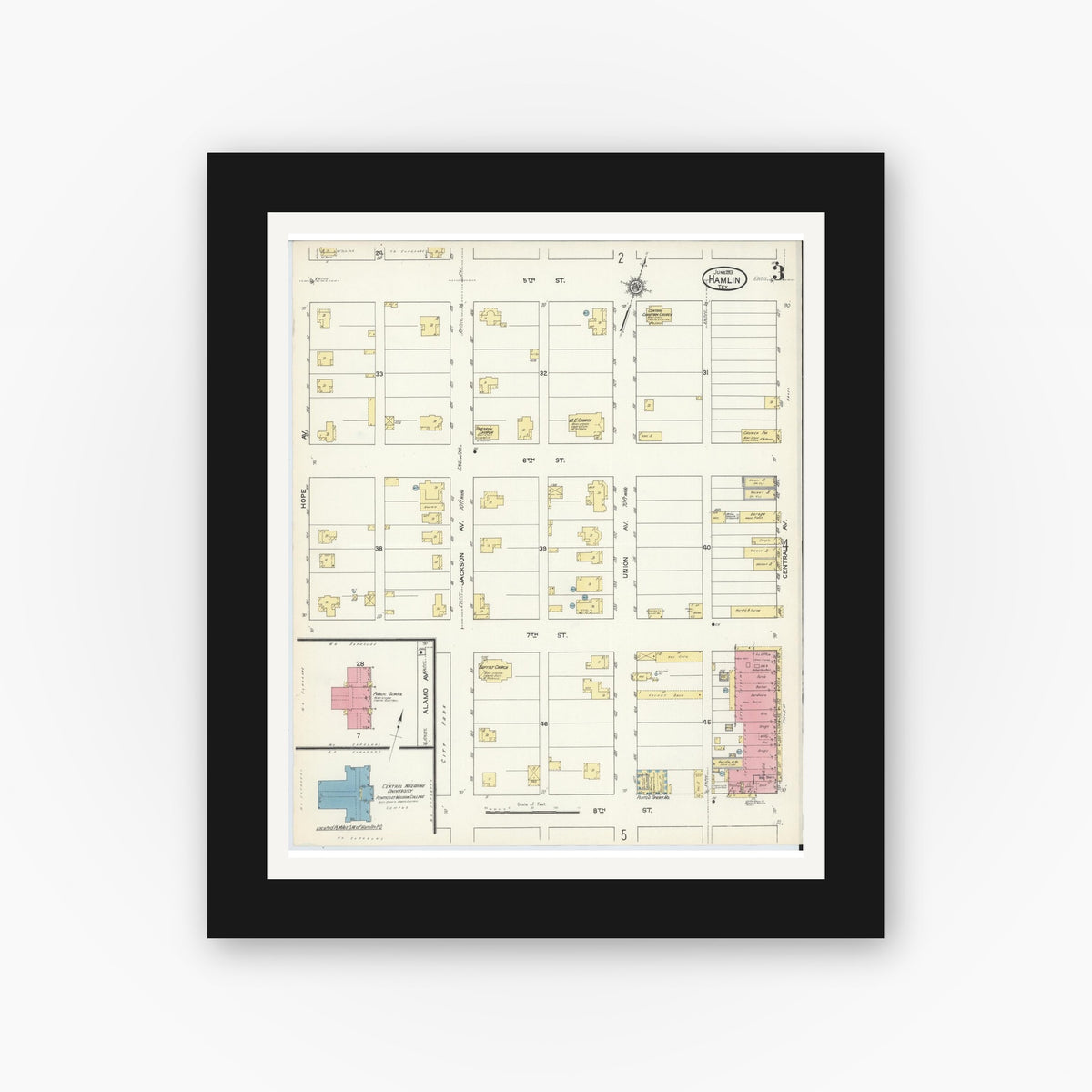 Old map wall art mockup — black gallery frame with white mat — Sanborn Fire Insurance Map from Hamlin, Jones County, Texas (1913), Sheet #0003