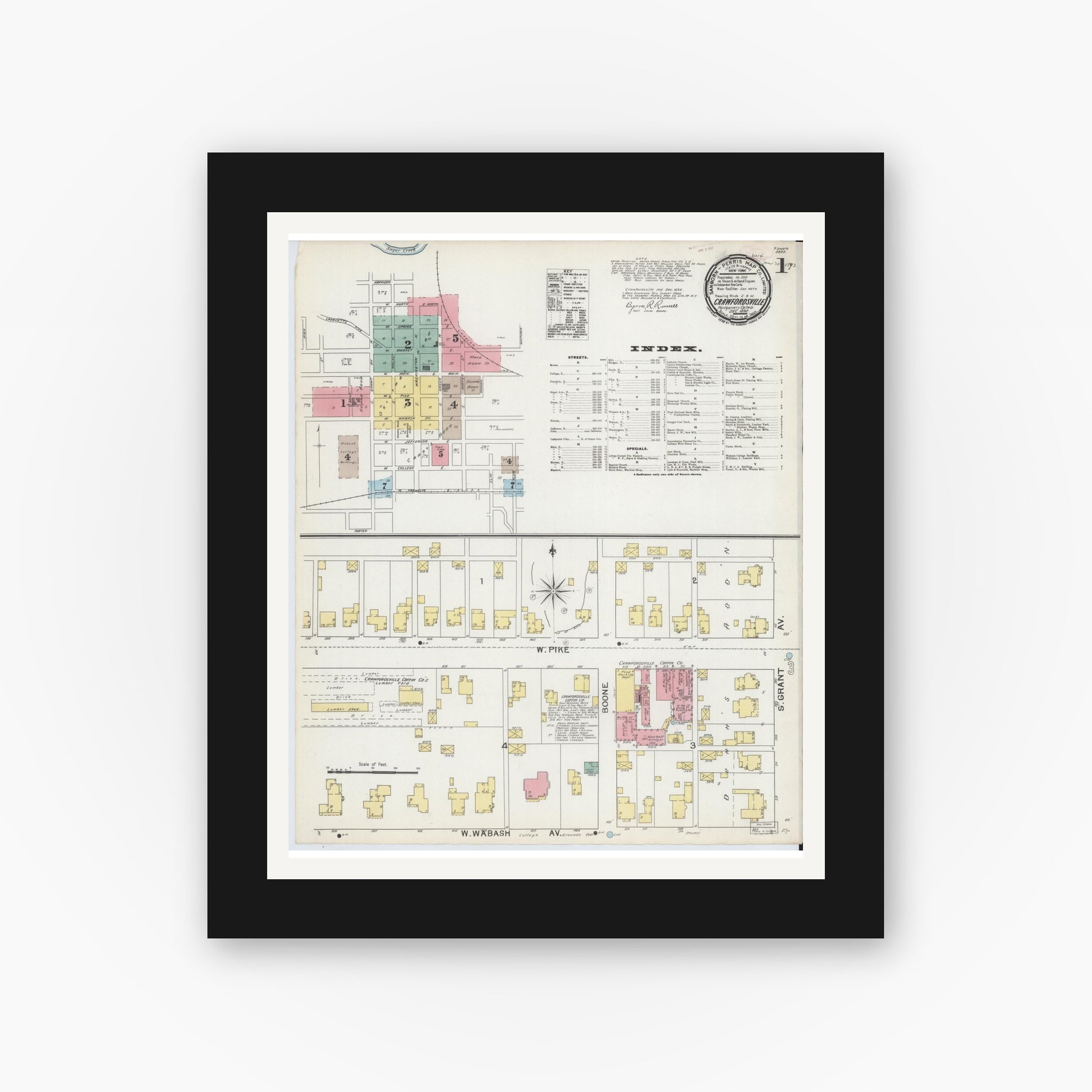 Old map wall art mockup — black gallery frame with white mat — Sanborn Fire Insurance Map from Crawfordsville, Montgomery County, Indiana (1892) - Complete Map Set