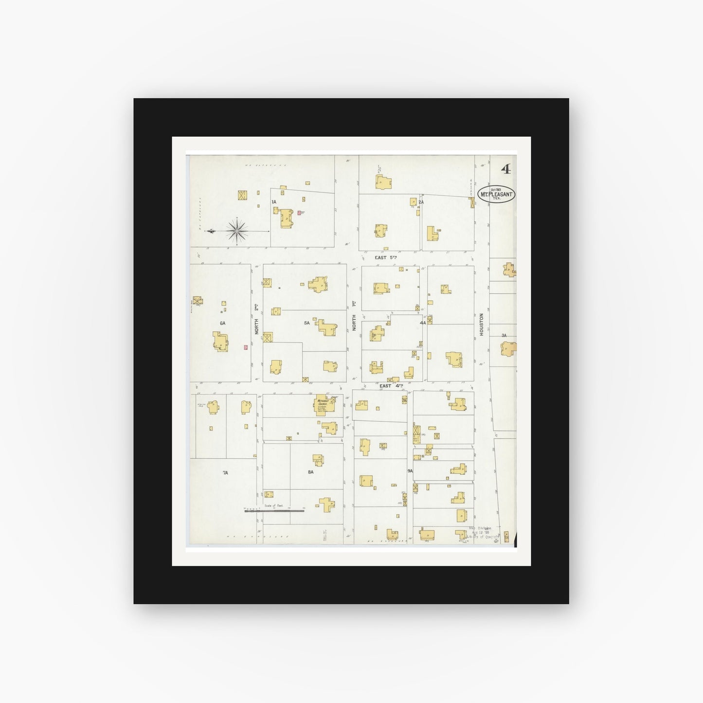 Old map wall art mockup — black gallery frame with white mat — Sanborn Fire Insurance Map from Mount Pleasant, Titus County, Texas (1901), Sheet #0004
