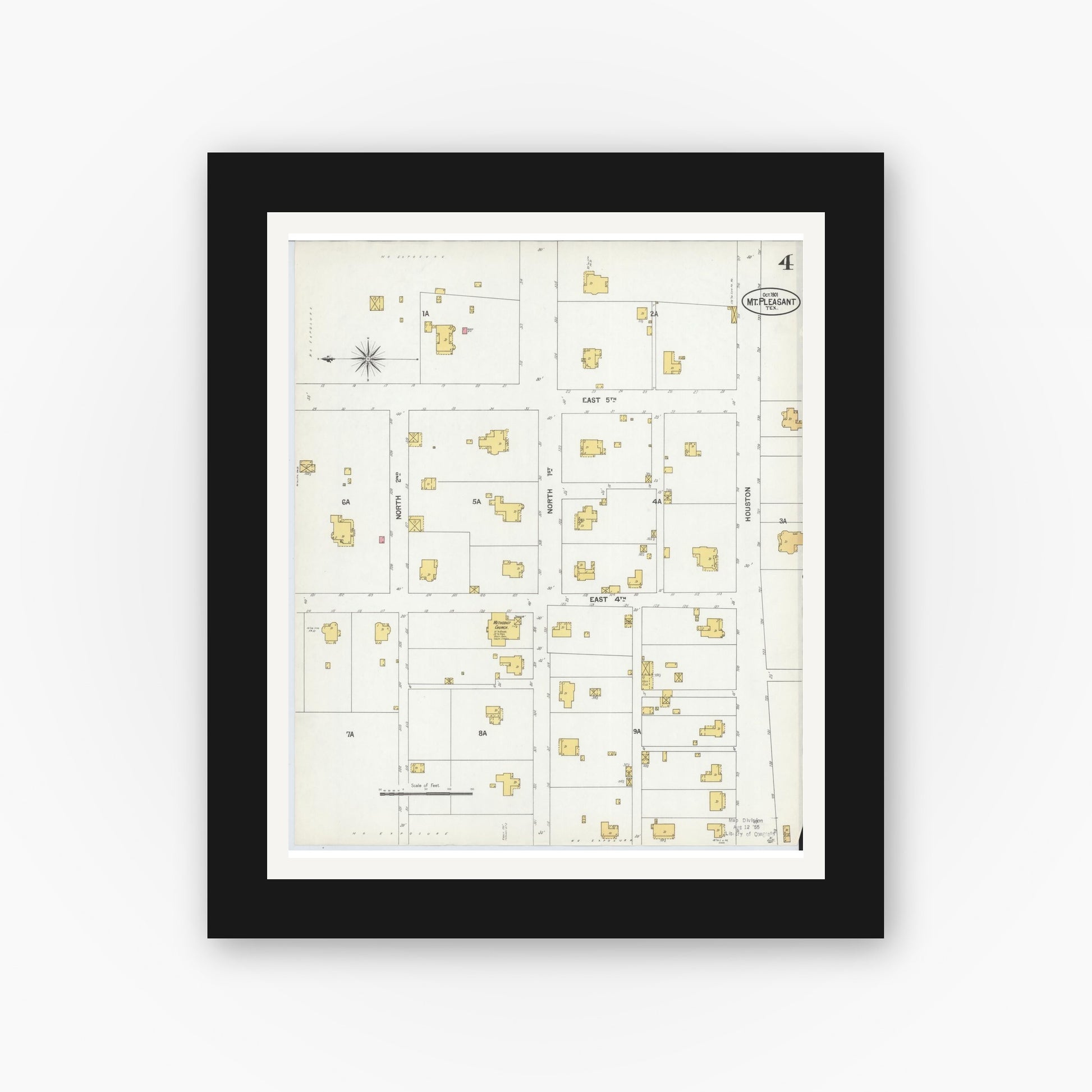 Old map wall art mockup — black gallery frame with white mat — Sanborn Fire Insurance Map from Mount Pleasant, Titus County, Texas (1901), Sheet #0004