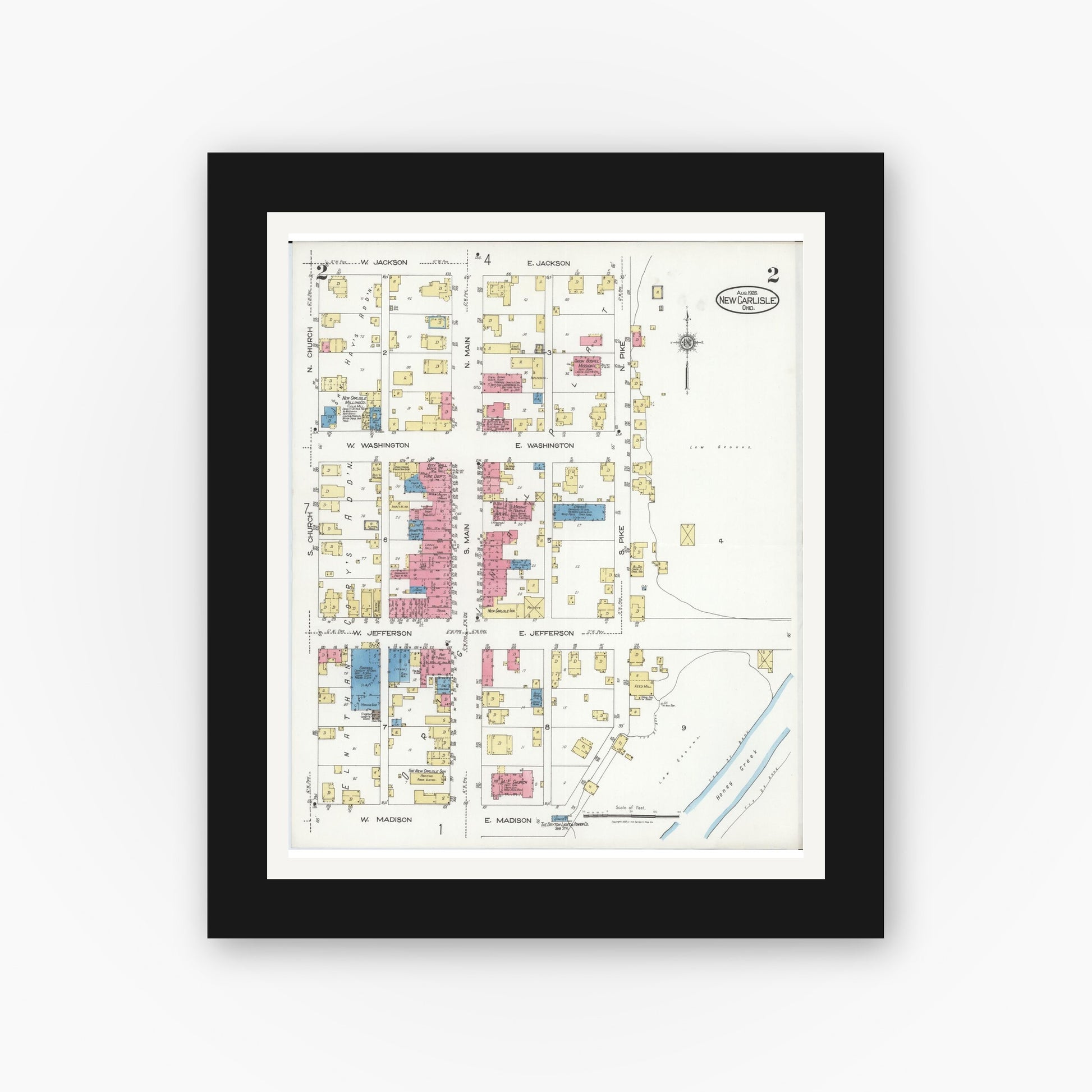 Old map wall art mockup — black gallery frame with white mat — Sanborn Fire Insurance Map from New Carlisle, Clarke County, Ohio (1926), Sheet #0002