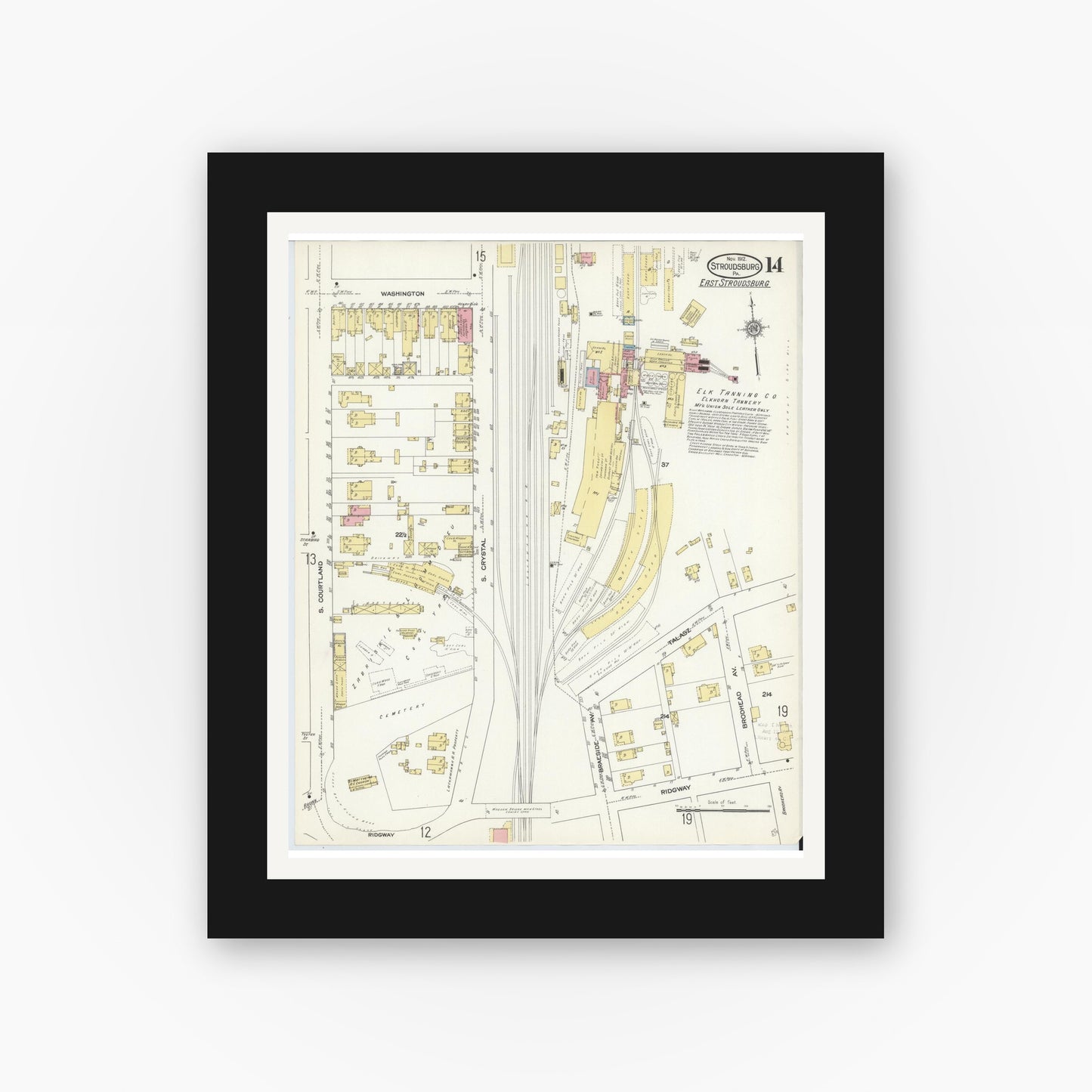 Old map wall art mockup — black gallery frame with white mat — Sanborn Fire Insurance Map from Stroudsburg, Monroe County, Pennsylvania (1912), Sheet #0014