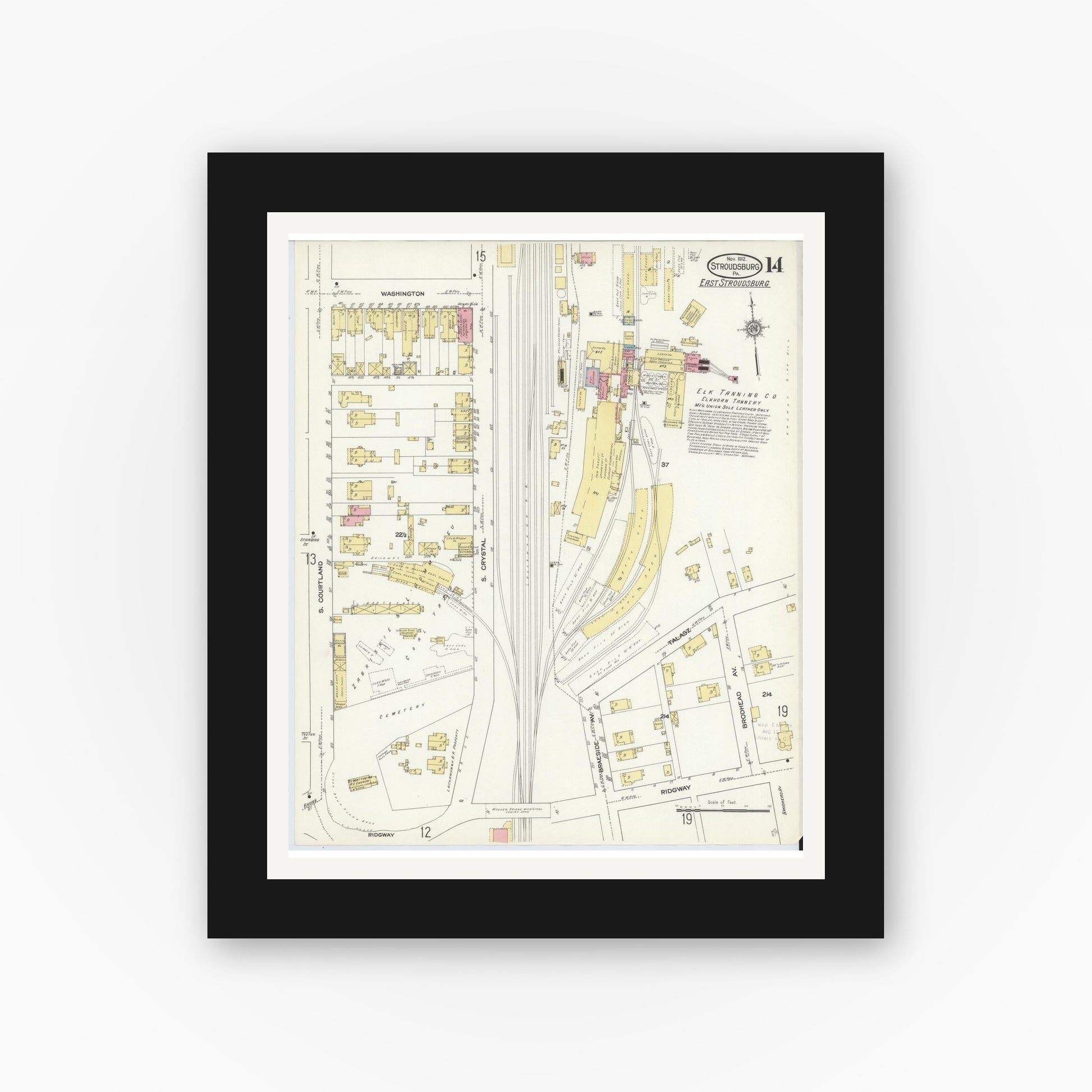 Old map wall art mockup — black gallery frame with white mat — Sanborn Fire Insurance Map from Stroudsburg, Monroe County, Pennsylvania (1912), Sheet #0014