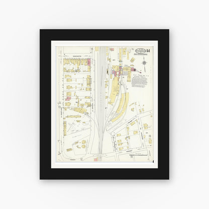 Old map wall art mockup — black gallery frame with white mat — Sanborn Fire Insurance Map from Stroudsburg, Monroe County, Pennsylvania (1912), Sheet #0014