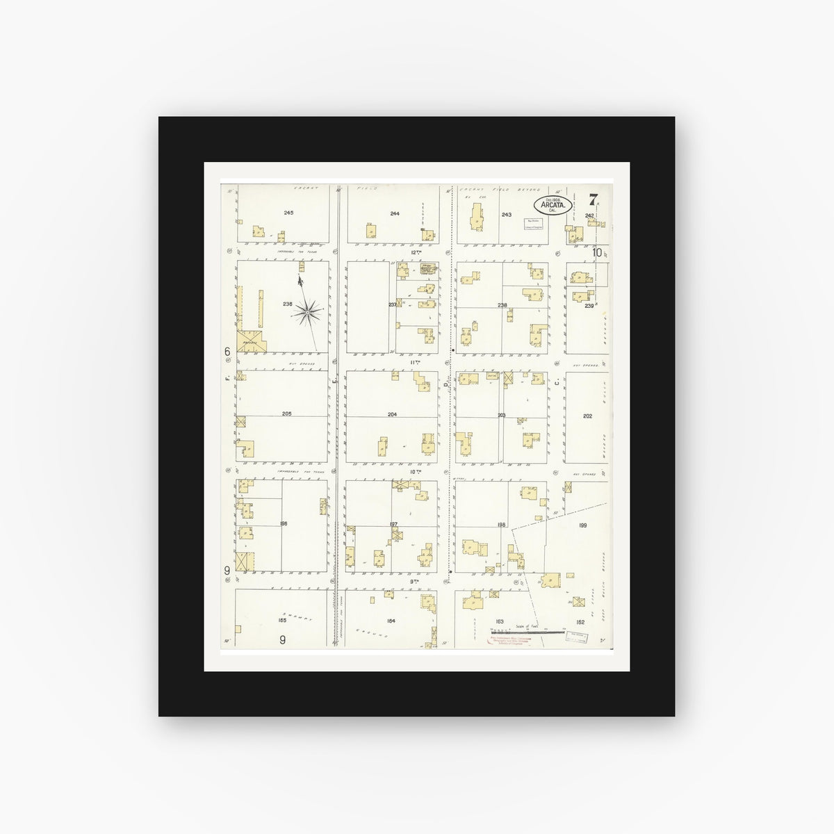 Old map wall art mockup — black gallery frame with white mat — Sanborn Fire Insurance Map from Arcata, Humboldt County, California (1908), Sheet #0007
