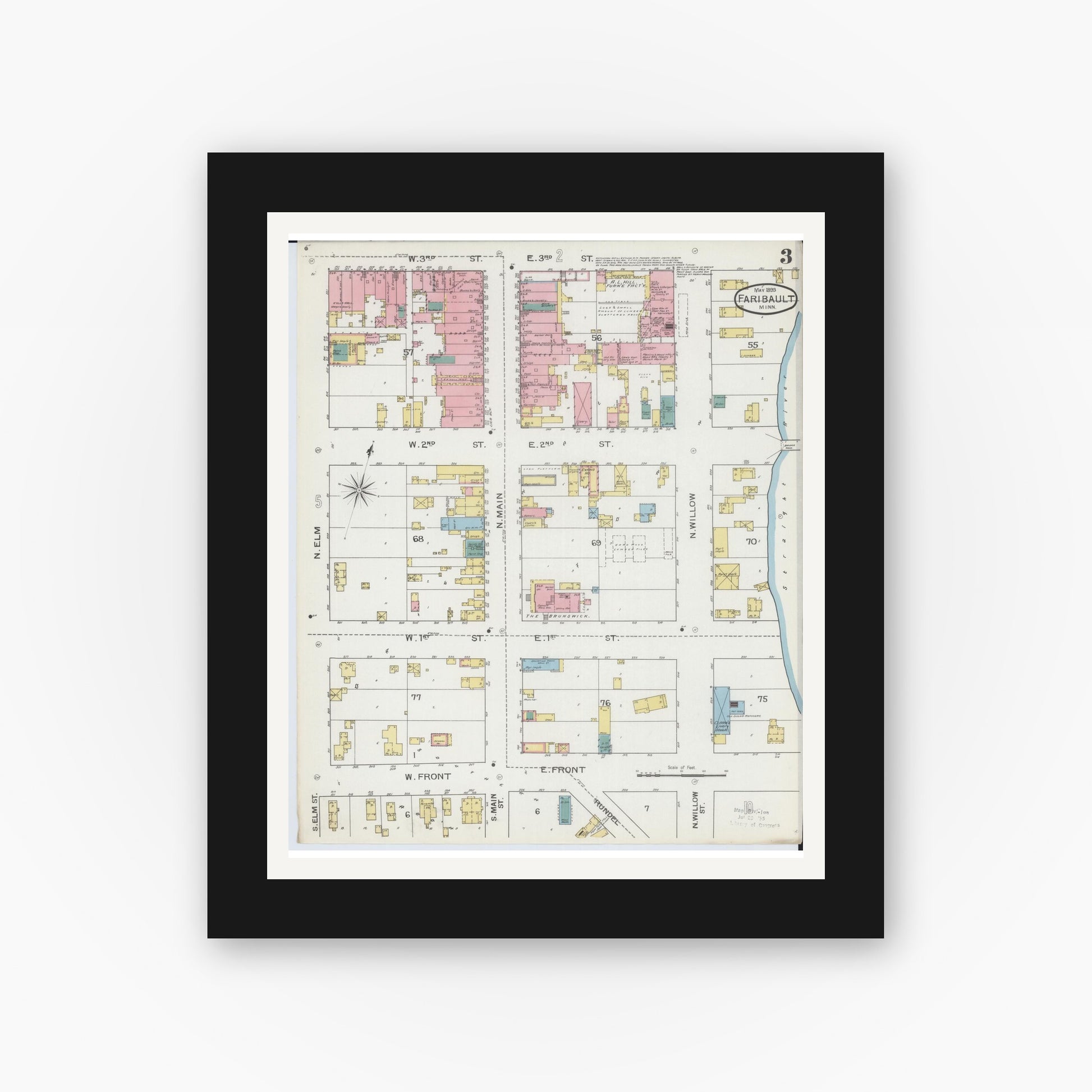 Old map wall art mockup — black gallery frame with white mat — Sanborn Fire Insurance Map from Faribault, Rice County, Minnesota (1893), Sheet #0003