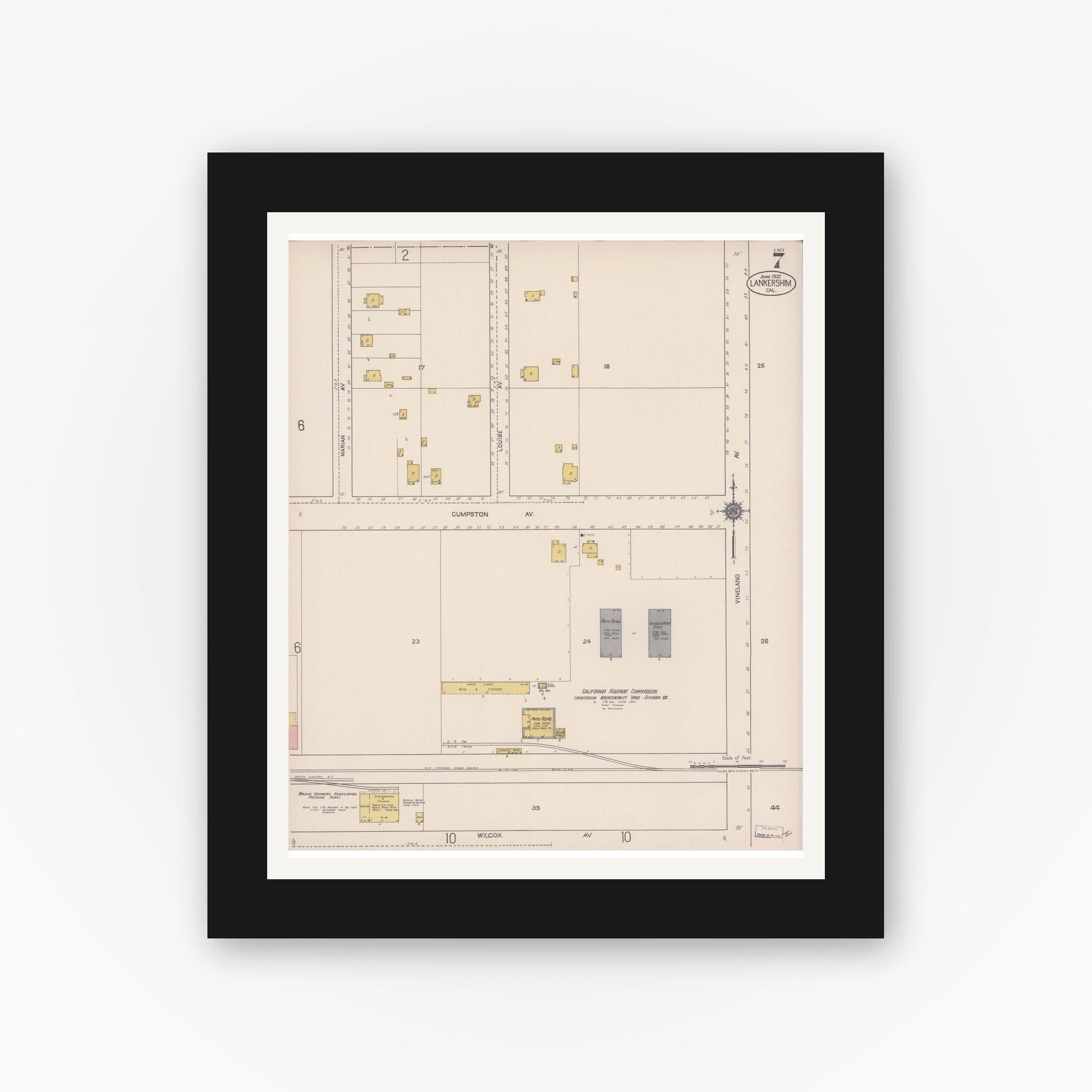 Old map wall art mockup — black gallery frame with white mat — Sanborn Fire Insurance Map from Lankershim, Los Angeles County, California (1922), Sheet #0007