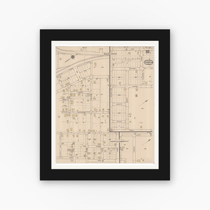 Old map wall art mockup — black gallery frame with white mat — Sanborn Fire Insurance Map from Yoakum, De Witt And Lavaca Counties, Texas (1922), Sheet #0018