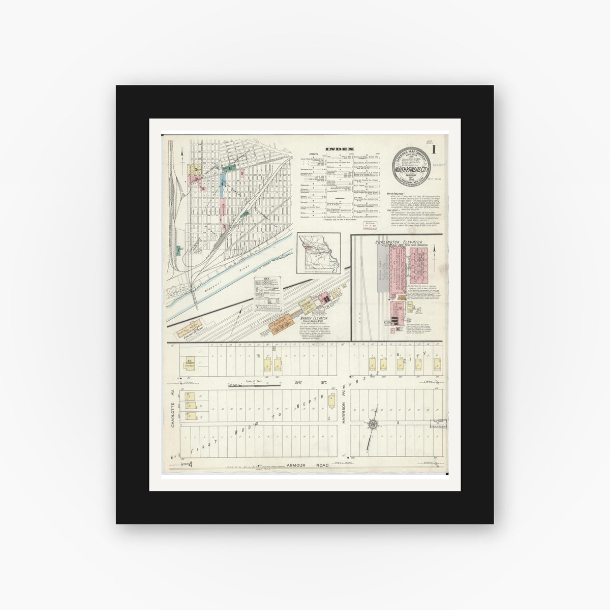 Old map wall art mockup — black gallery frame with white mat — Sanborn Fire Insurance Map from North Kansas City, Clay County, Missouri (1914), Sheet #0001
