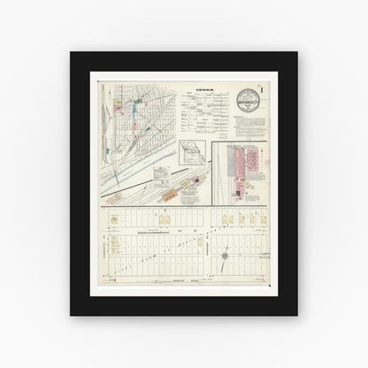 Old map wall art mockup — black gallery frame with white mat — Sanborn Fire Insurance Map from North Kansas City, Clay County, Missouri (1914), Sheet #0001