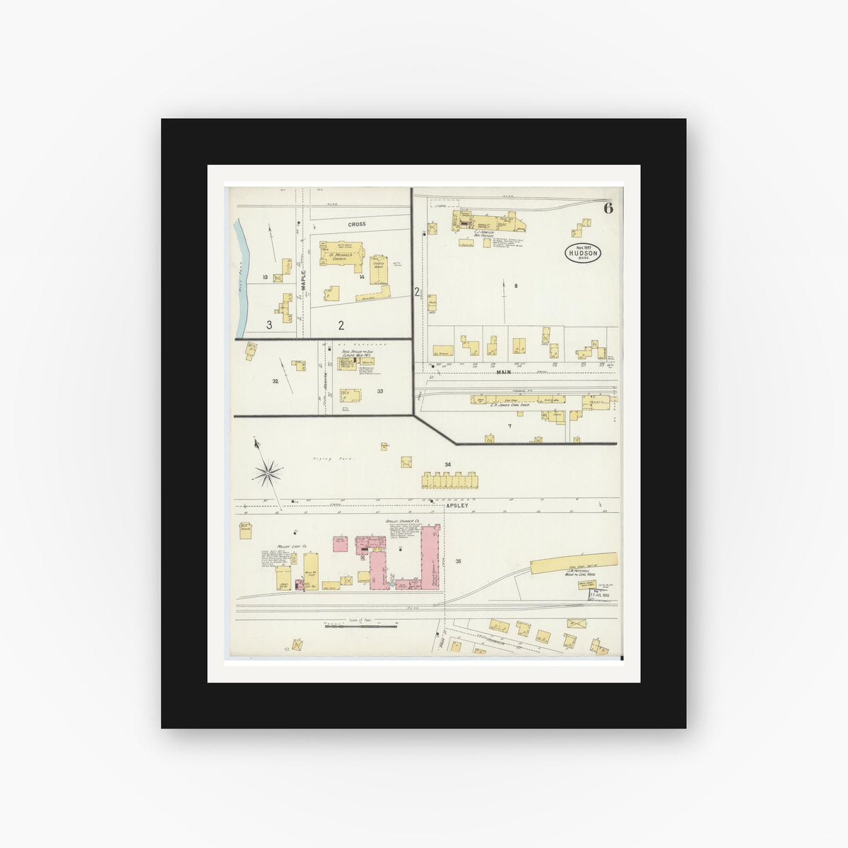 Old map wall art mockup — black gallery frame with white mat — Sanborn Fire Insurance Map from Hudson, Middlesex County, Massachusetts (1897), Sheet #0006