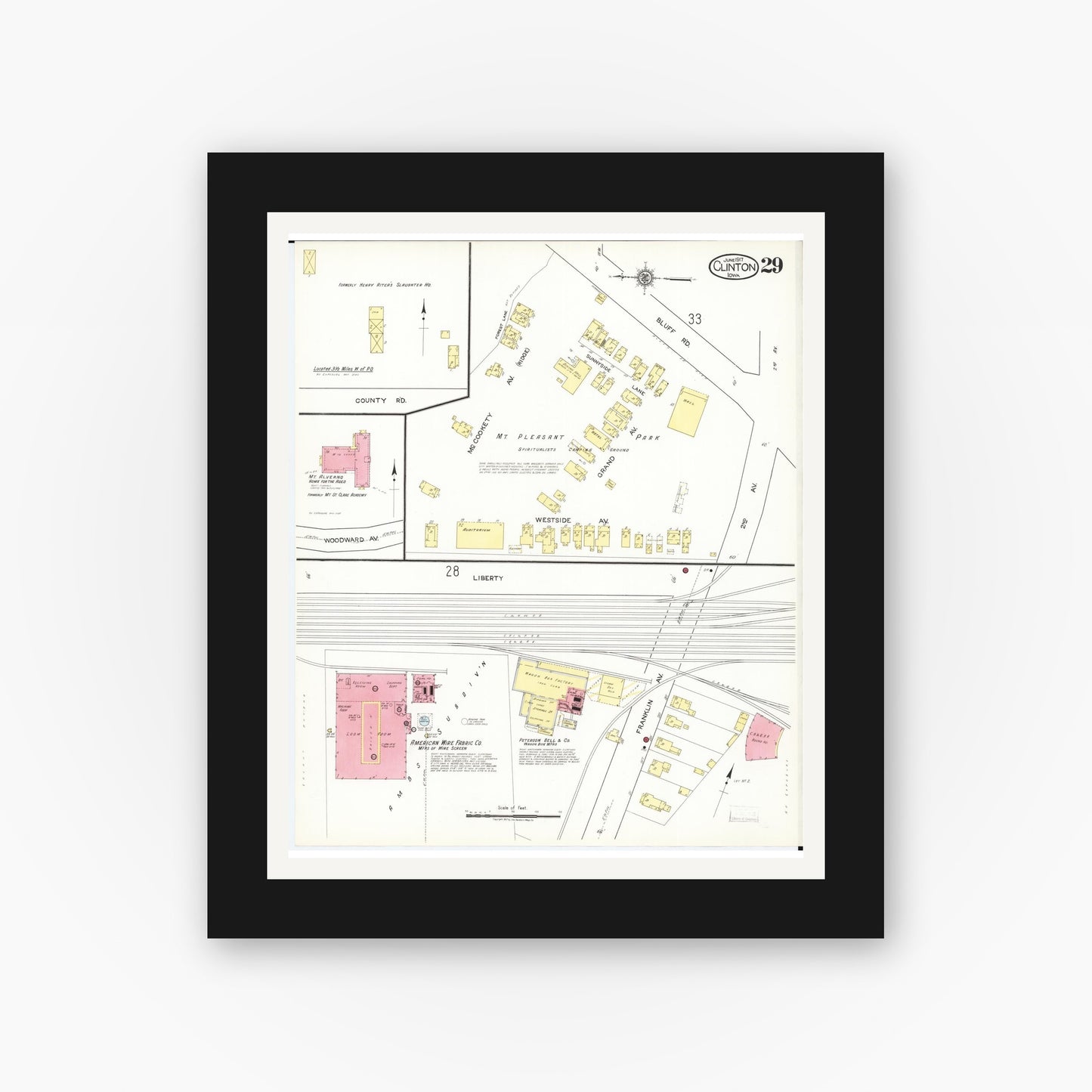 Old map wall art mockup — black gallery frame with white mat — Sanborn Fire Insurance Map from Clinton, Clinton County, Iowa (1917), Sheet #0029
