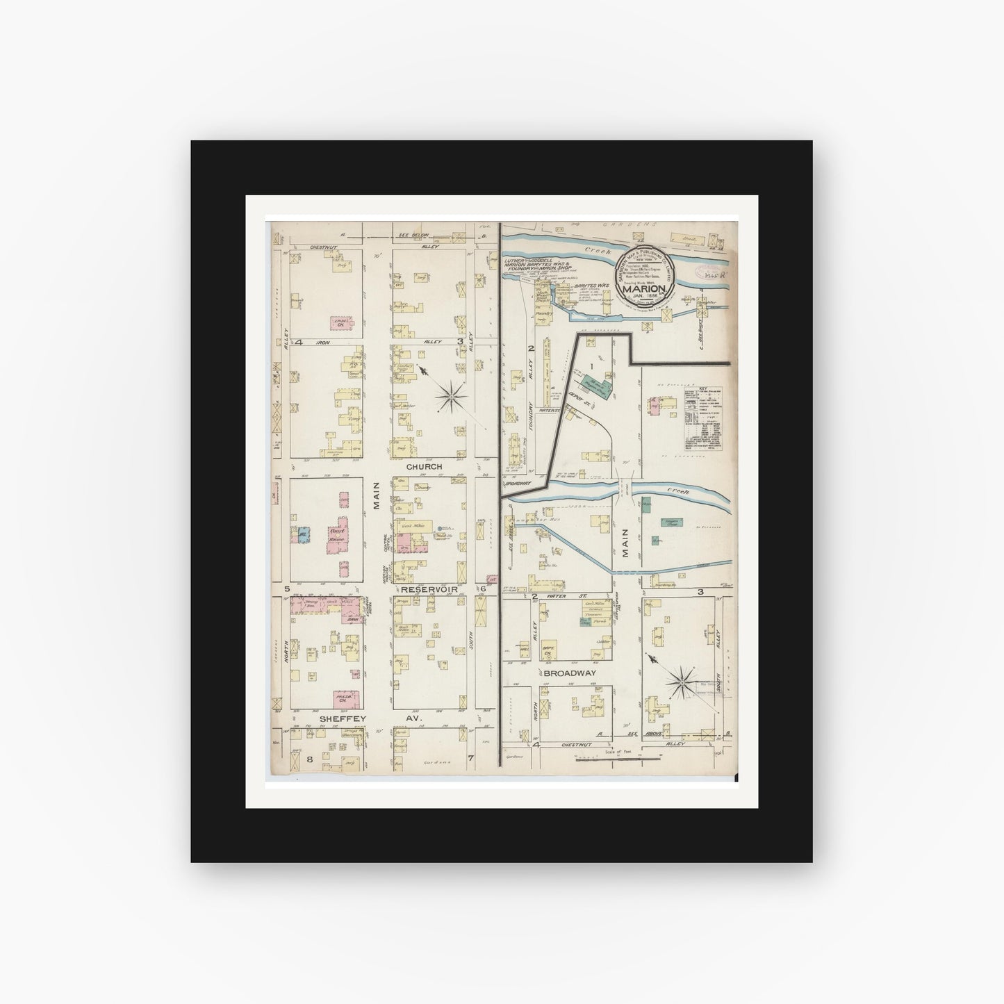 Old map wall art mockup — black gallery frame with white mat — Sanborn Fire Insurance Map from Marion, Smyth County, Virginia (1886), Sheet #0001