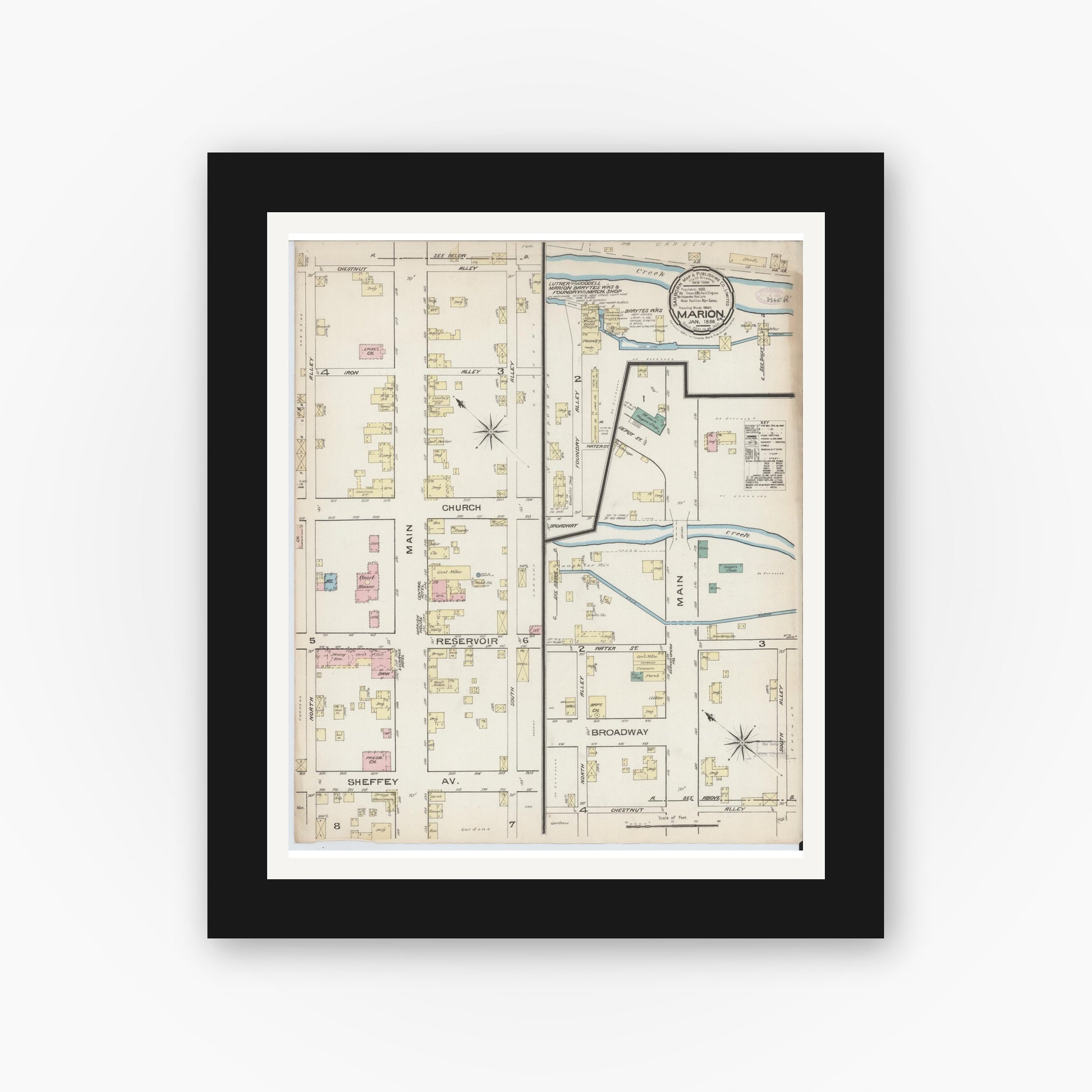 Old map wall art mockup — black gallery frame with white mat — Sanborn Fire Insurance Map from Marion, Smyth County, Virginia (1886), Sheet #0001