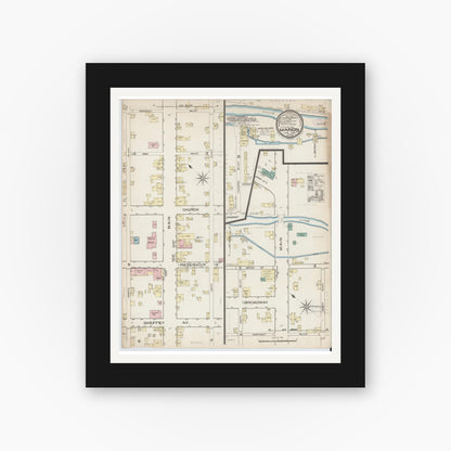 Old map wall art mockup — black gallery frame with white mat — Sanborn Fire Insurance Map from Marion, Smyth County, Virginia (1886), Sheet #0001