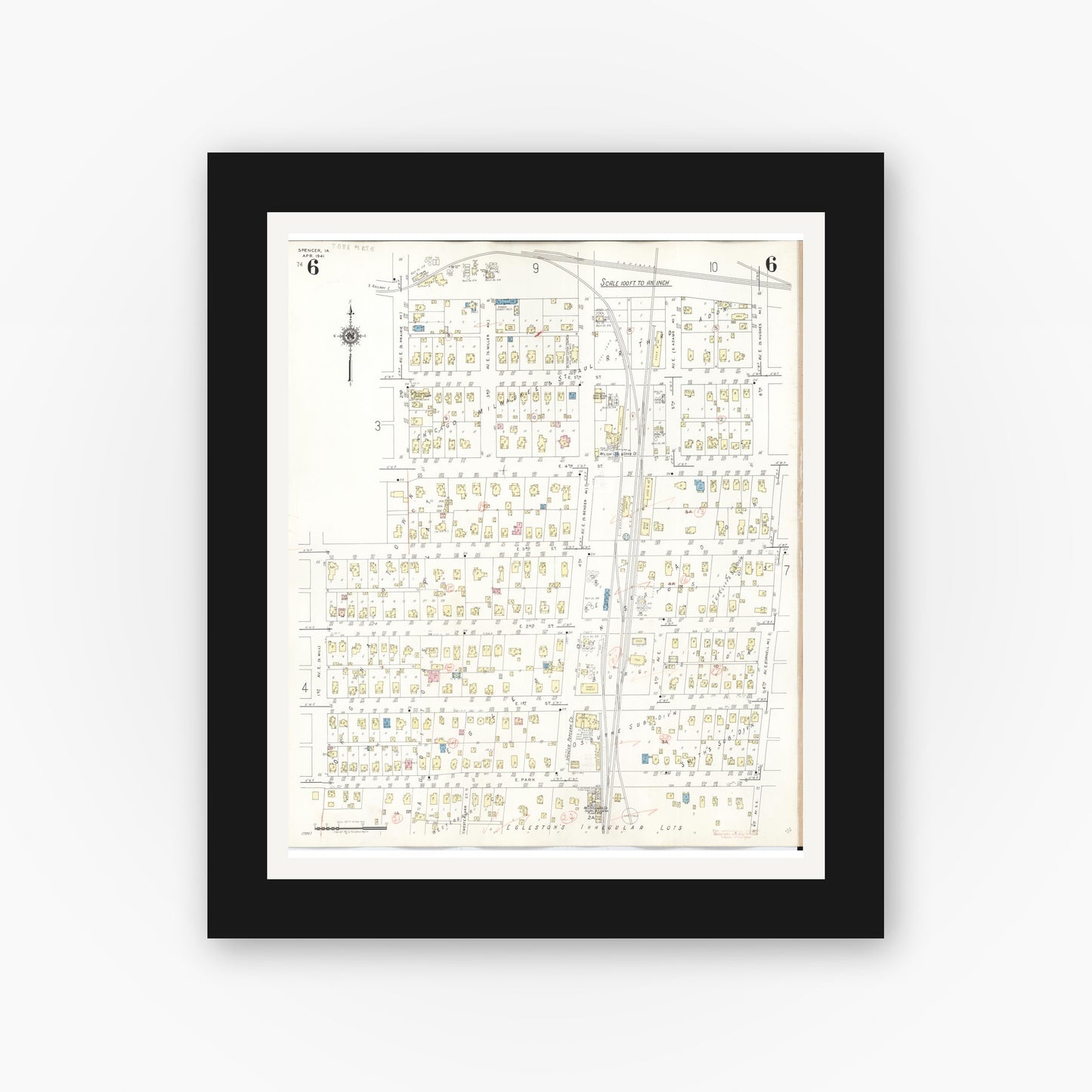 Old map wall art mockup — black gallery frame with white mat — Sanborn Fire Insurance Map from Spencer, Clay County, Iowa (1946), Sheet #0006
