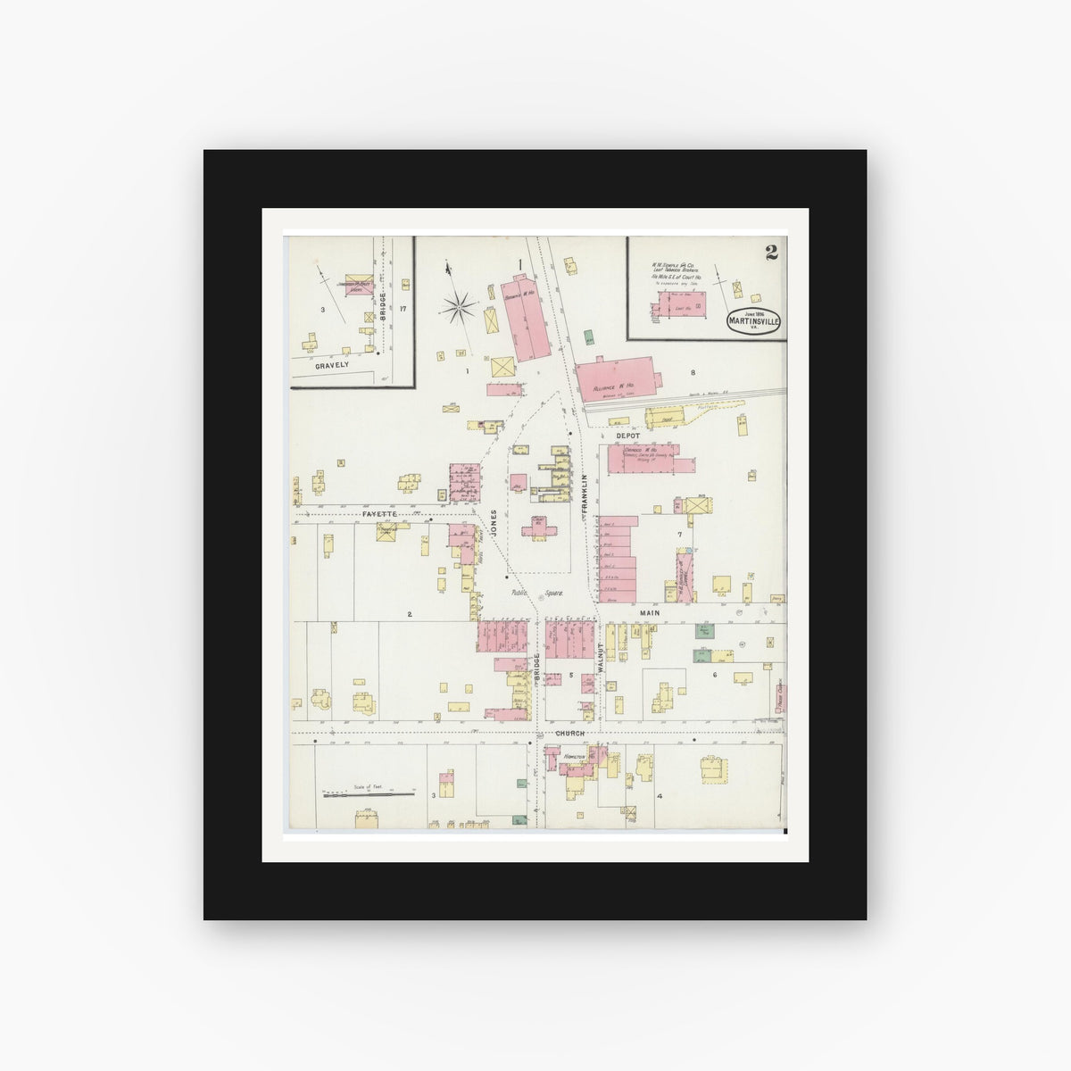 Old map wall art mockup — black gallery frame with white mat — Sanborn Fire Insurance Map from Martinsville, Independent Cities, Virginia (1896), Sheet #0002
