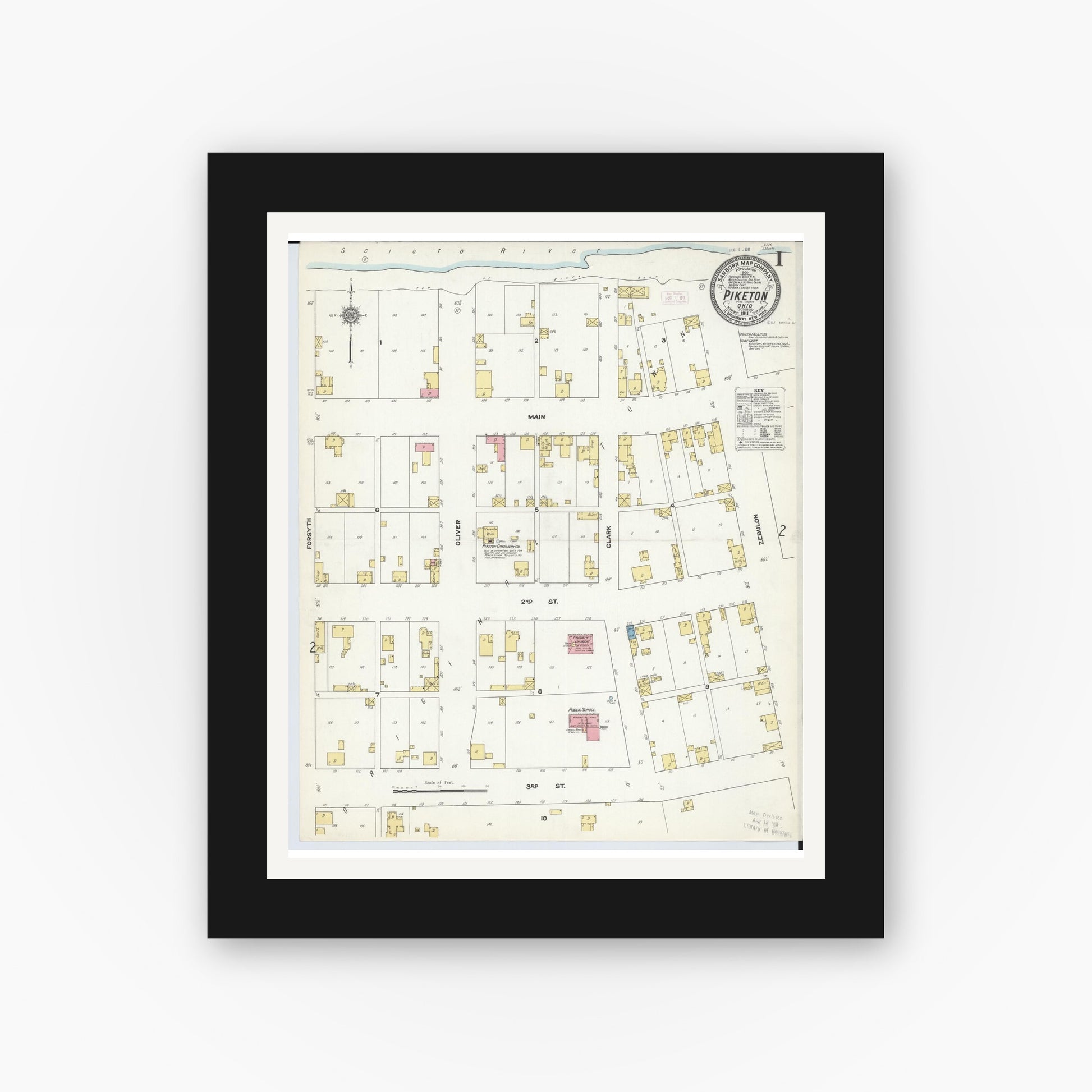 Old map wall art mockup — black gallery frame with white mat — Sanborn Fire Insurance Map from Piketon, Pike County, Ohio (1911), Sheet #0001