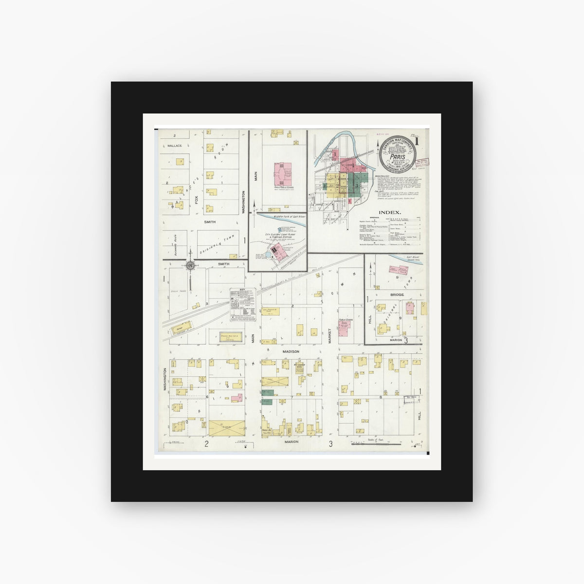 Old map wall art mockup — black gallery frame with white mat — Sanborn Fire Insurance Map from Paris, Monroe County, Missouri (1910) - Complete Map Set