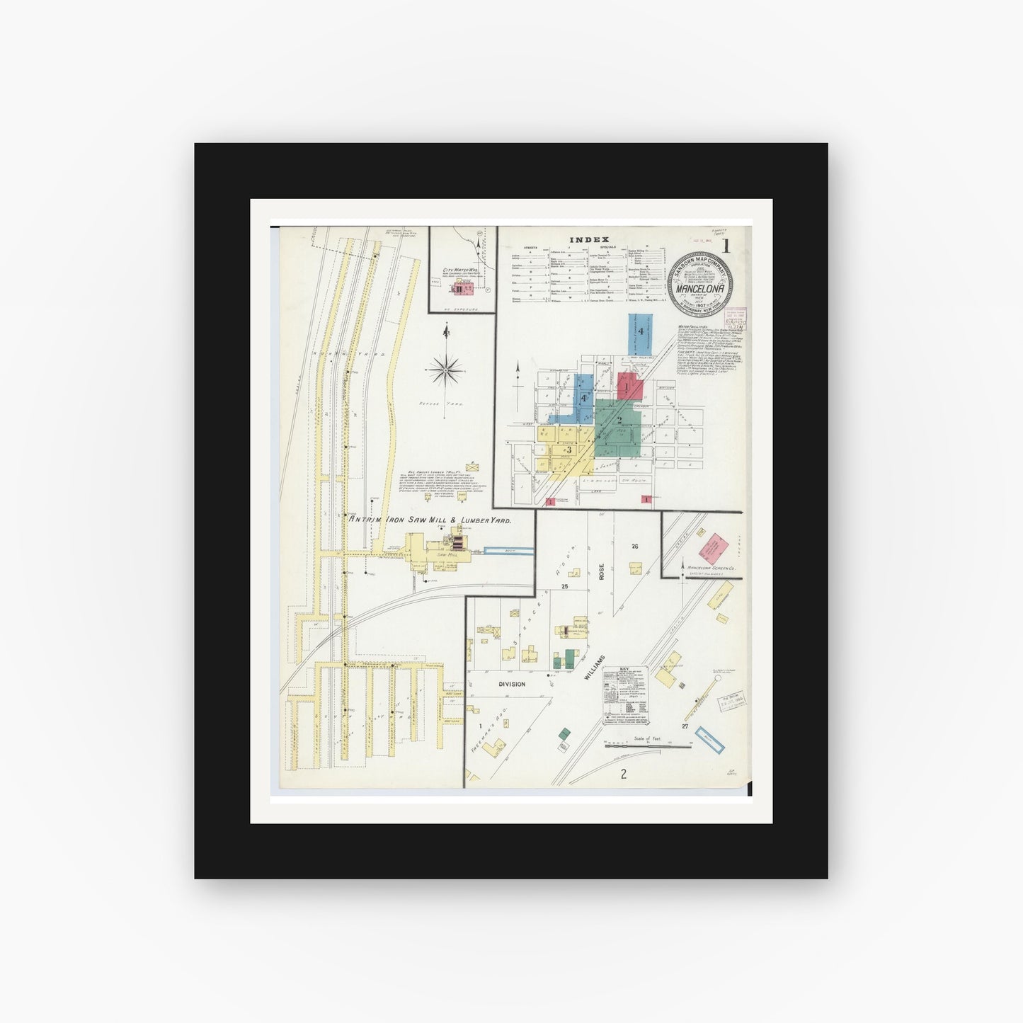 Old map wall art mockup — black gallery frame with white mat — Sanborn Fire Insurance Map from Mancelona, Antrim County, Michigan (1907) - Complete Map Set