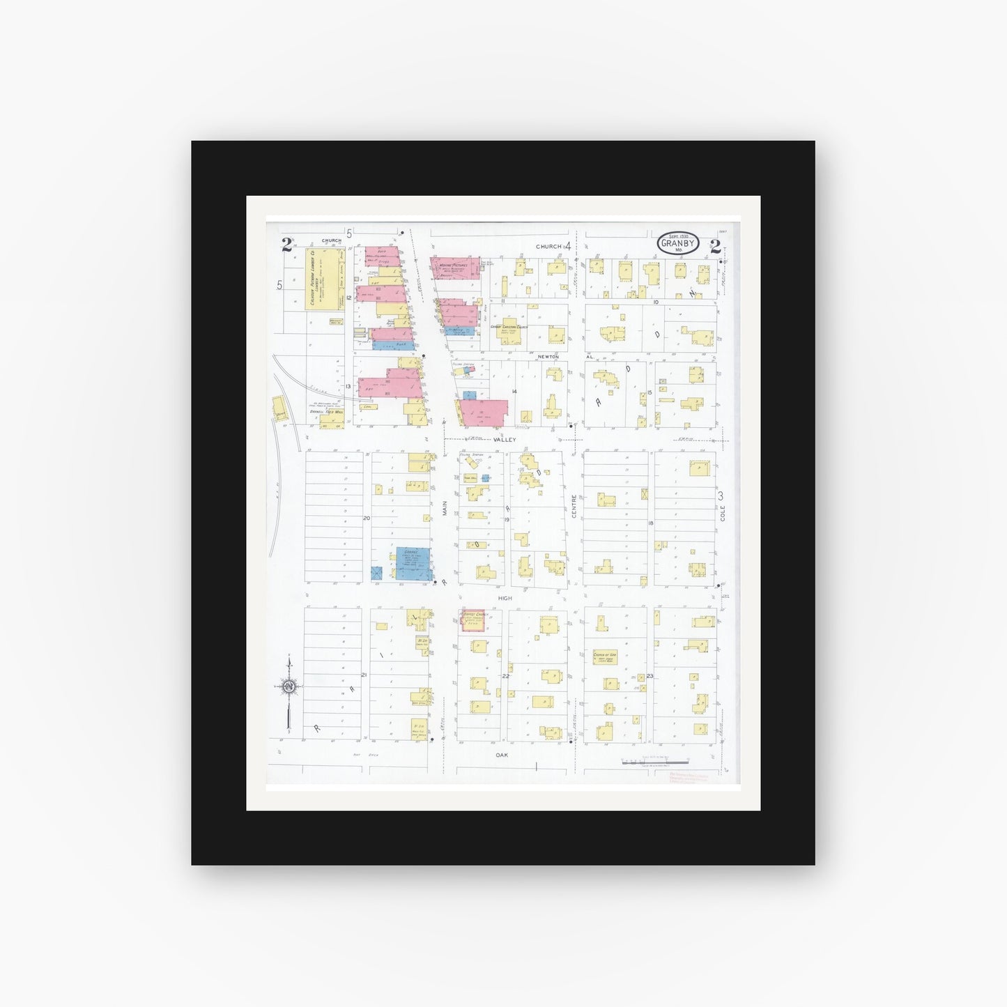 Old map wall art mockup — black gallery frame with white mat — Sanborn Fire Insurance Map from Granby, Newton County, Missouri (1930), Sheet #0002
