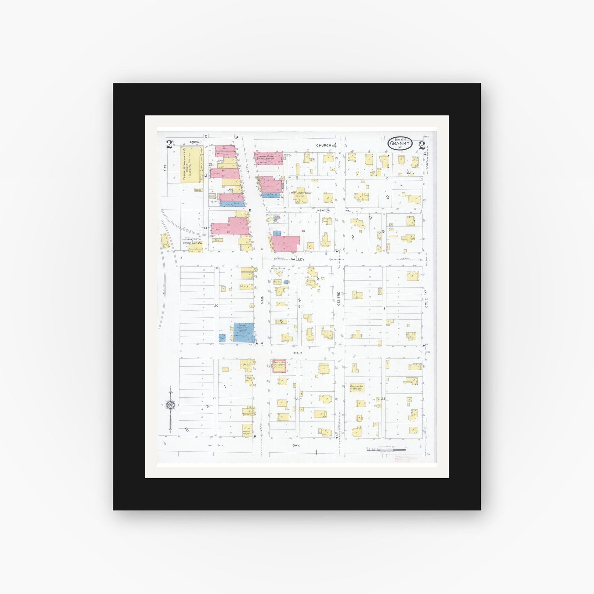 Old map wall art mockup — black gallery frame with white mat — Sanborn Fire Insurance Map from Granby, Newton County, Missouri (1930), Sheet #0002