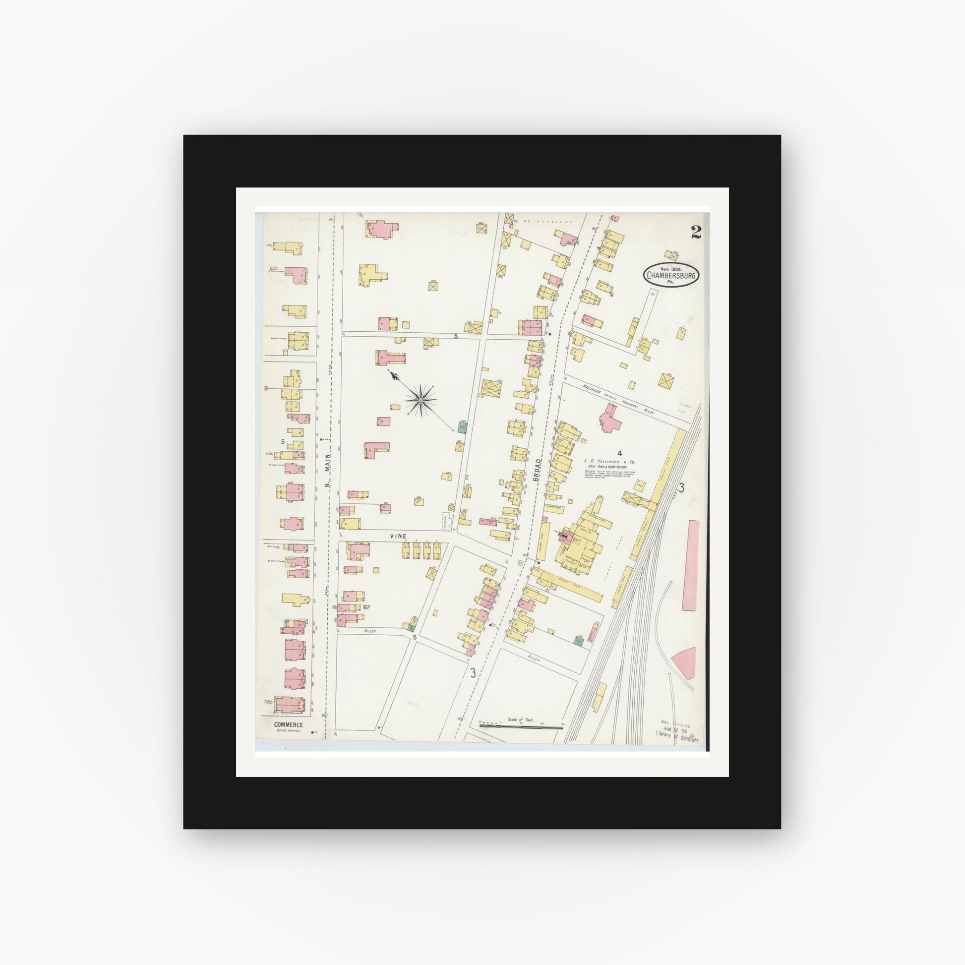 Old map wall art mockup — black gallery frame with white mat — Sanborn Fire Insurance Map from Chambersburg, Franklin County, Pennsylvania (1904), Sheet #0002