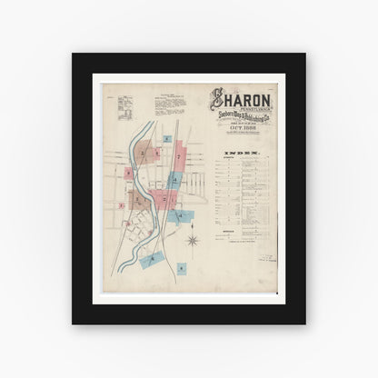 Old map wall art mockup — black gallery frame with white mat — Sanborn Fire Insurance Map from Sharon, Mercer County, Pennsylvania (1888) - Complete Map Set