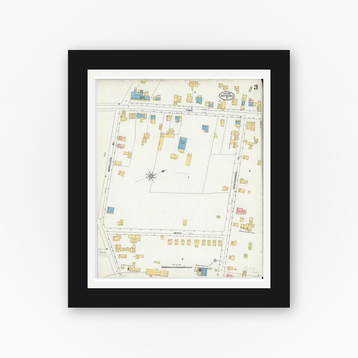 Old map wall art mockup — black gallery frame with white mat — Sanborn Fire Insurance Map from Hatboro, Montgomery County, Pennsylvania (1905), Sheet #0003