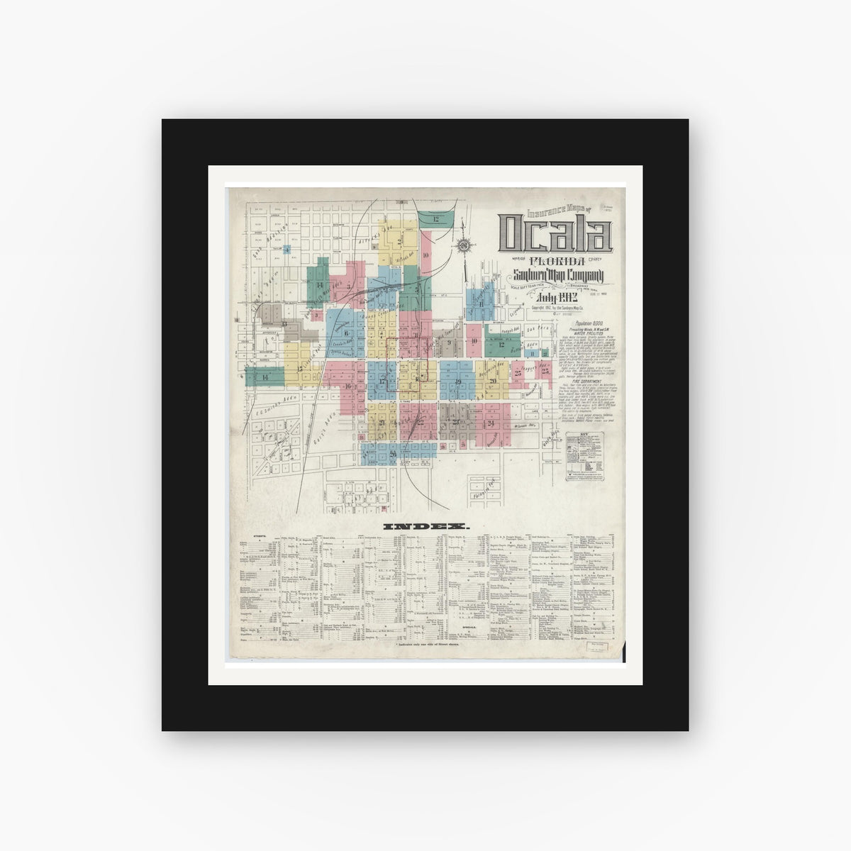 Old map wall art mockup — black gallery frame with white mat — Sanborn Fire Insurance Map from Ocala, Marion County, Florida (1912), Sheet #0001