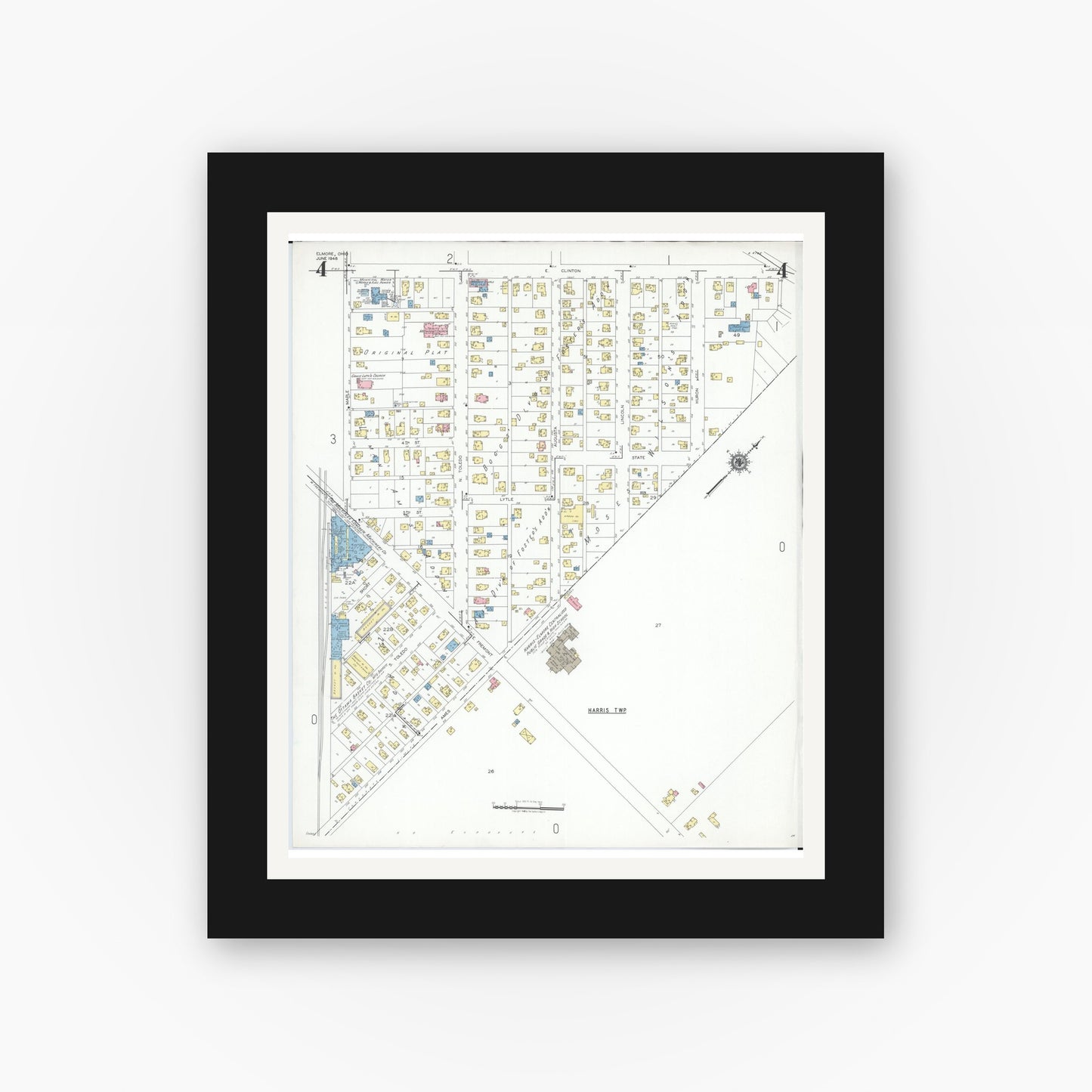Old map wall art mockup — black gallery frame with white mat — Sanborn Fire Insurance Map from Elmore, Ottawa County, Ohio (1948), Sheet #0004
