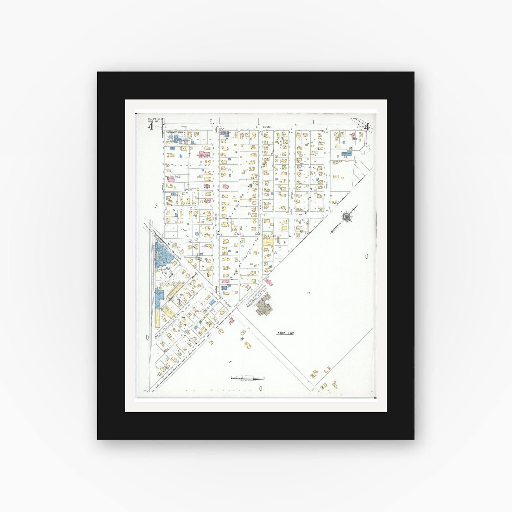 Old map wall art mockup — black gallery frame with white mat — Sanborn Fire Insurance Map from Elmore, Ottawa County, Ohio (1948), Sheet #0004