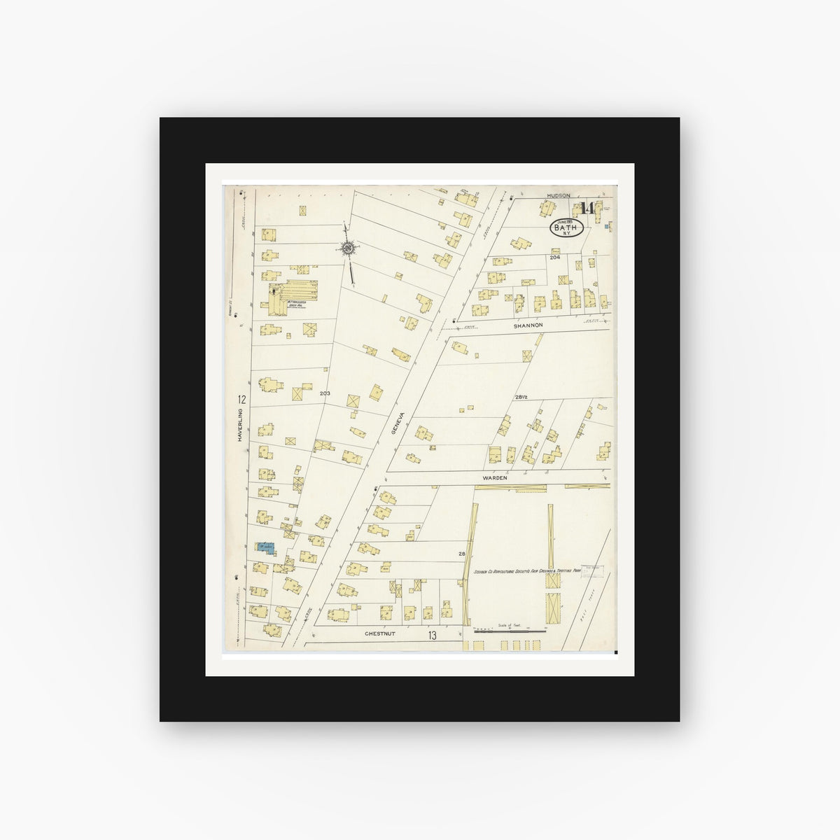 Old map wall art mockup — black gallery frame with white mat — Sanborn Fire Insurance Map from Bath, Steuben County, New York (1915), Sheet #0014