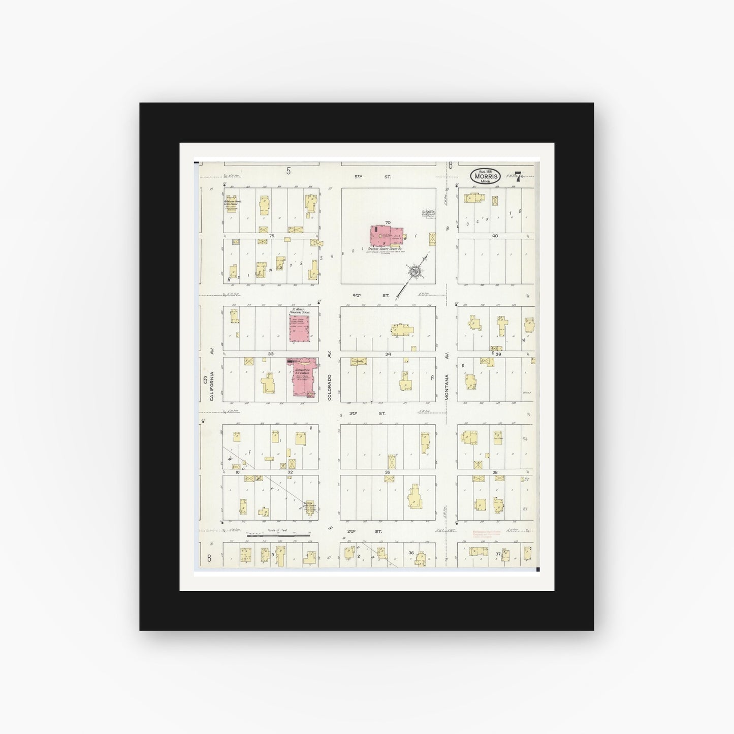 Old map wall art mockup — black gallery frame with white mat — Sanborn Fire Insurance Map from Morris, Stevens County, Minnesota (1915), Sheet #0007