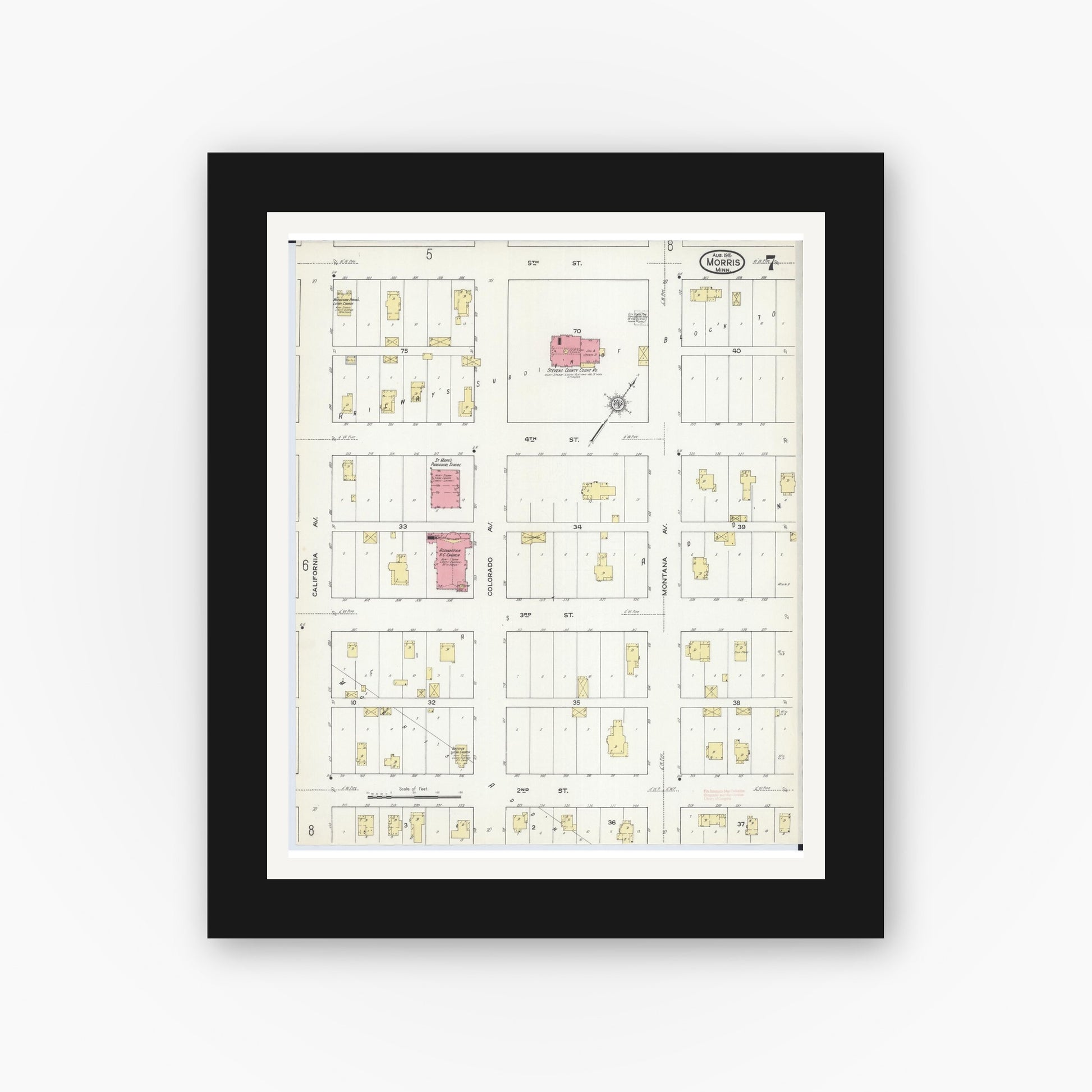 Old map wall art mockup — black gallery frame with white mat — Sanborn Fire Insurance Map from Morris, Stevens County, Minnesota (1915), Sheet #0007