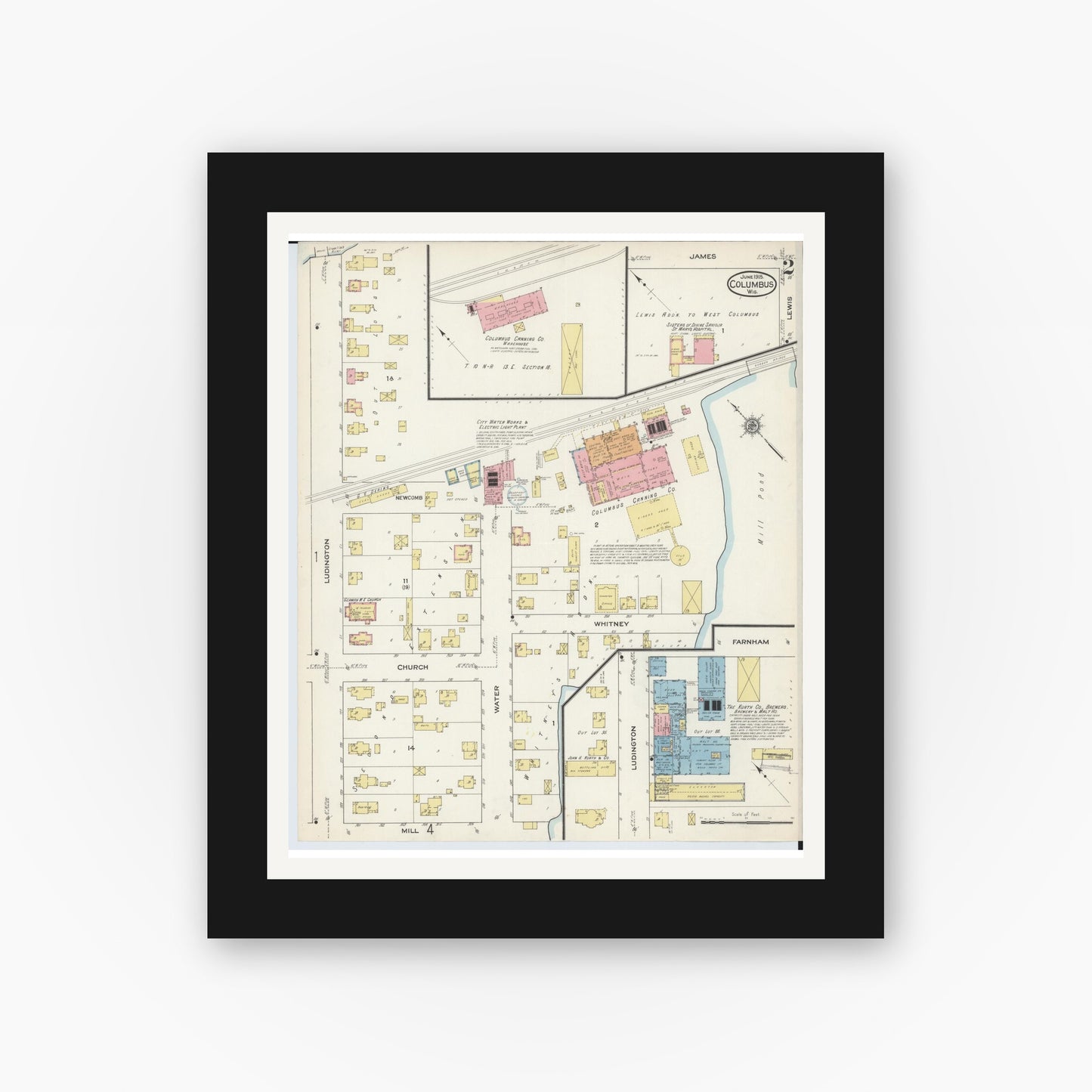 Old map wall art mockup — black gallery frame with white mat — Sanborn Fire Insurance Map from Columbus, Columbia and Dodge County, Wisconsin (1915), Sheet #0002