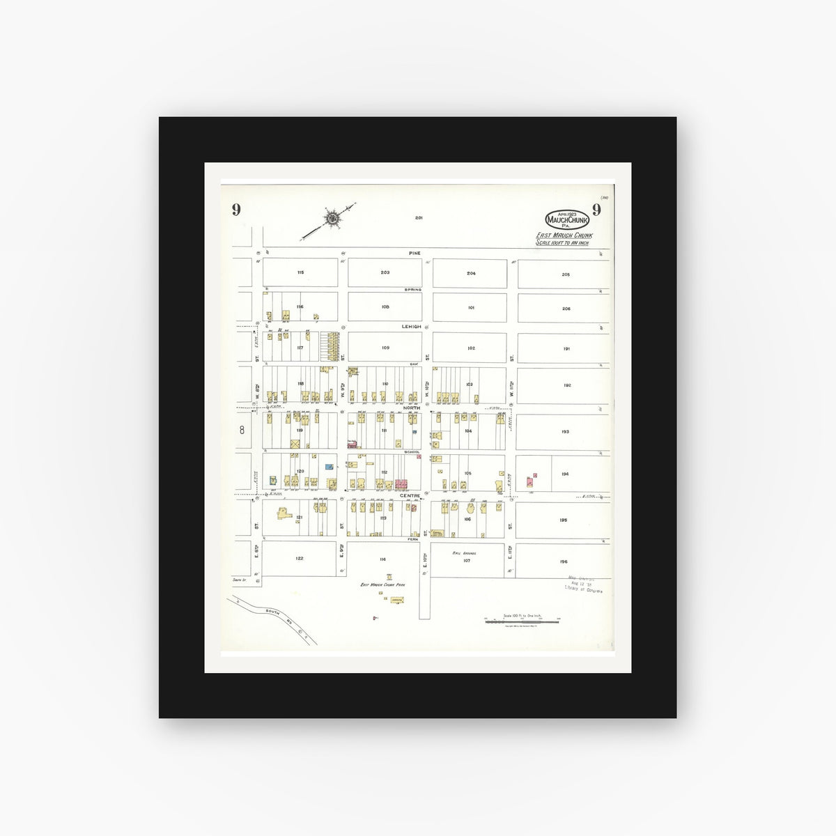 Old map wall art mockup — black gallery frame with white mat — Sanborn Fire Insurance Map from Mauch Chunk, Carbon County, Pennsylvania (1923), Sheet #0009