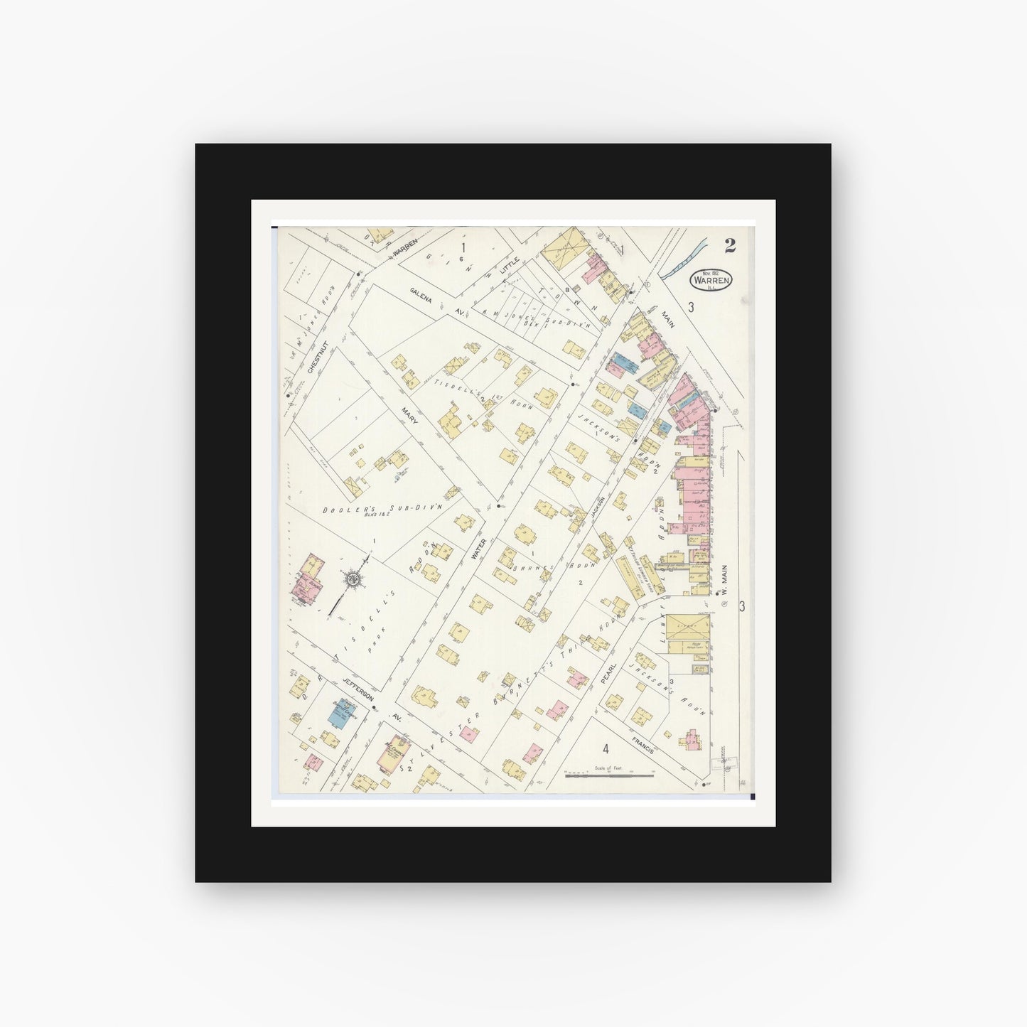 Old map wall art mockup — black gallery frame with white mat — Sanborn Fire Insurance Map from Warren, Jo Daviess County, Illinois (1912), Sheet #0002