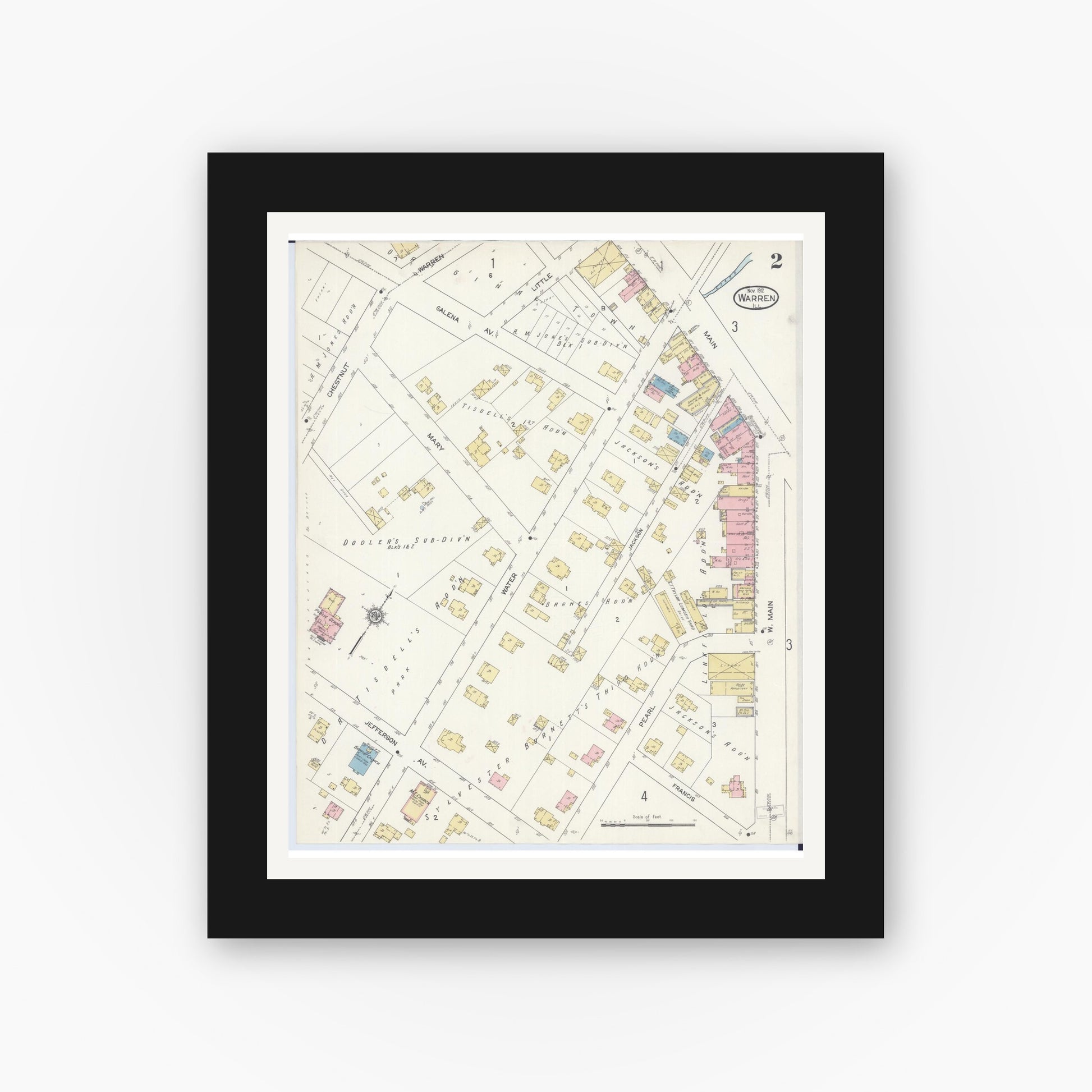 Old map wall art mockup — black gallery frame with white mat — Sanborn Fire Insurance Map from Warren, Jo Daviess County, Illinois (1912), Sheet #0002