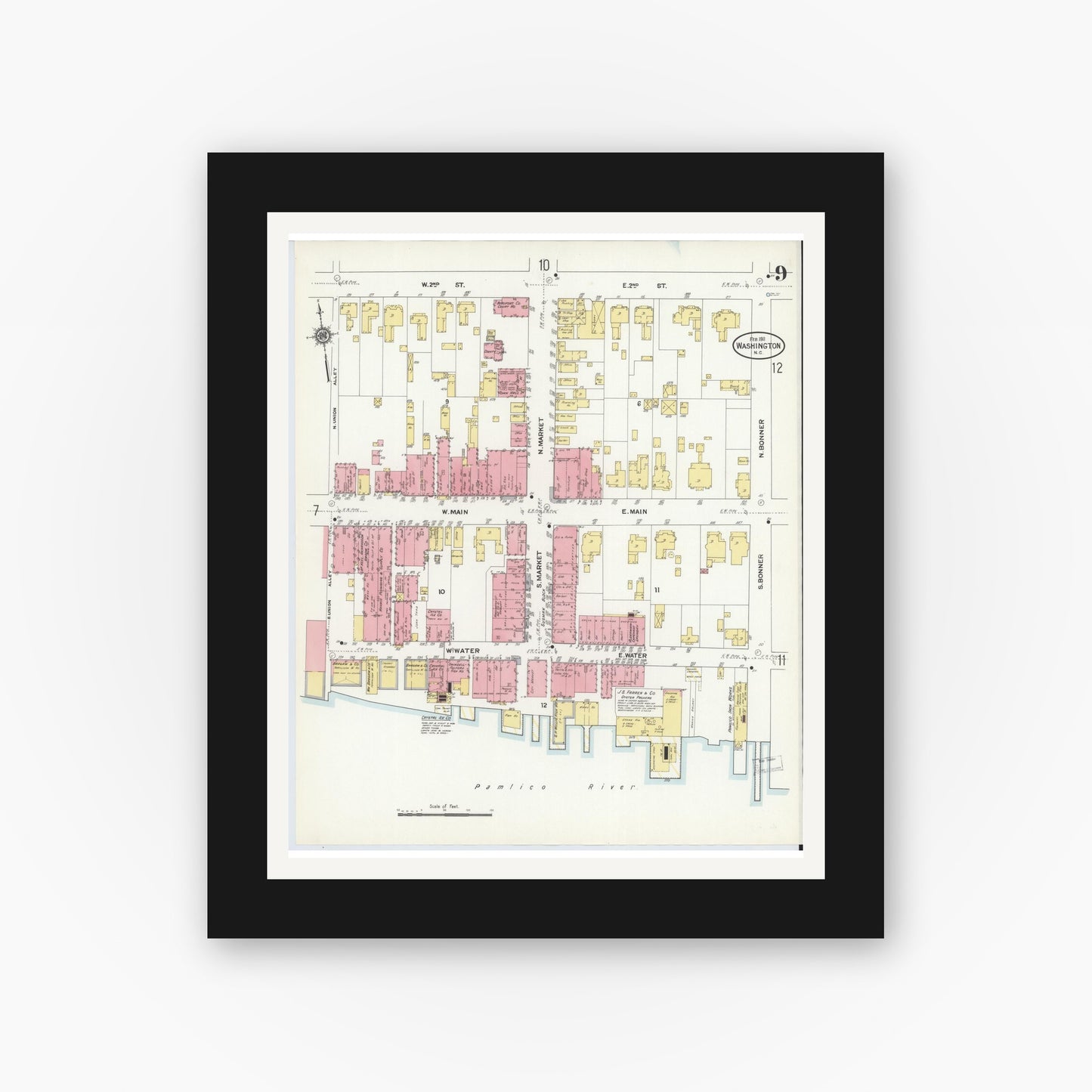 Old map wall art mockup — black gallery frame with white mat — Sanborn Fire Insurance Map from Washington, Beaufort County, North Carolina (1911), Sheet #0009