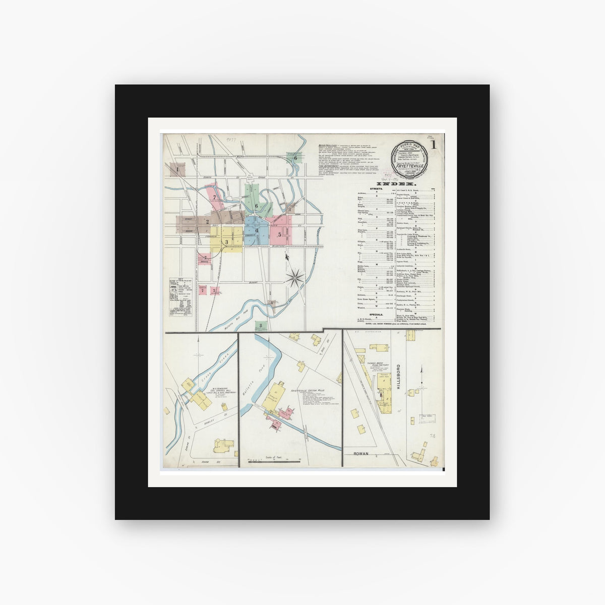 Old map wall art mockup — black gallery frame with white mat — Sanborn Fire Insurance Map from Fayetteville, Cumberland County, North Carolina (1896) - Complete Map Set
