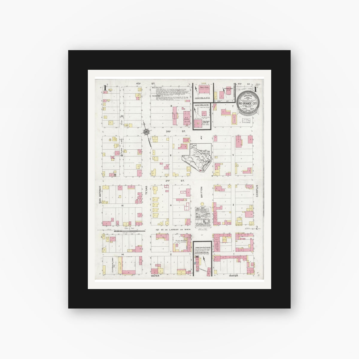 Old map wall art mockup — black gallery frame with white mat — Sanborn Fire Insurance Map from Rio Grande City, Starr County, Texas (1925) - Complete Map Set