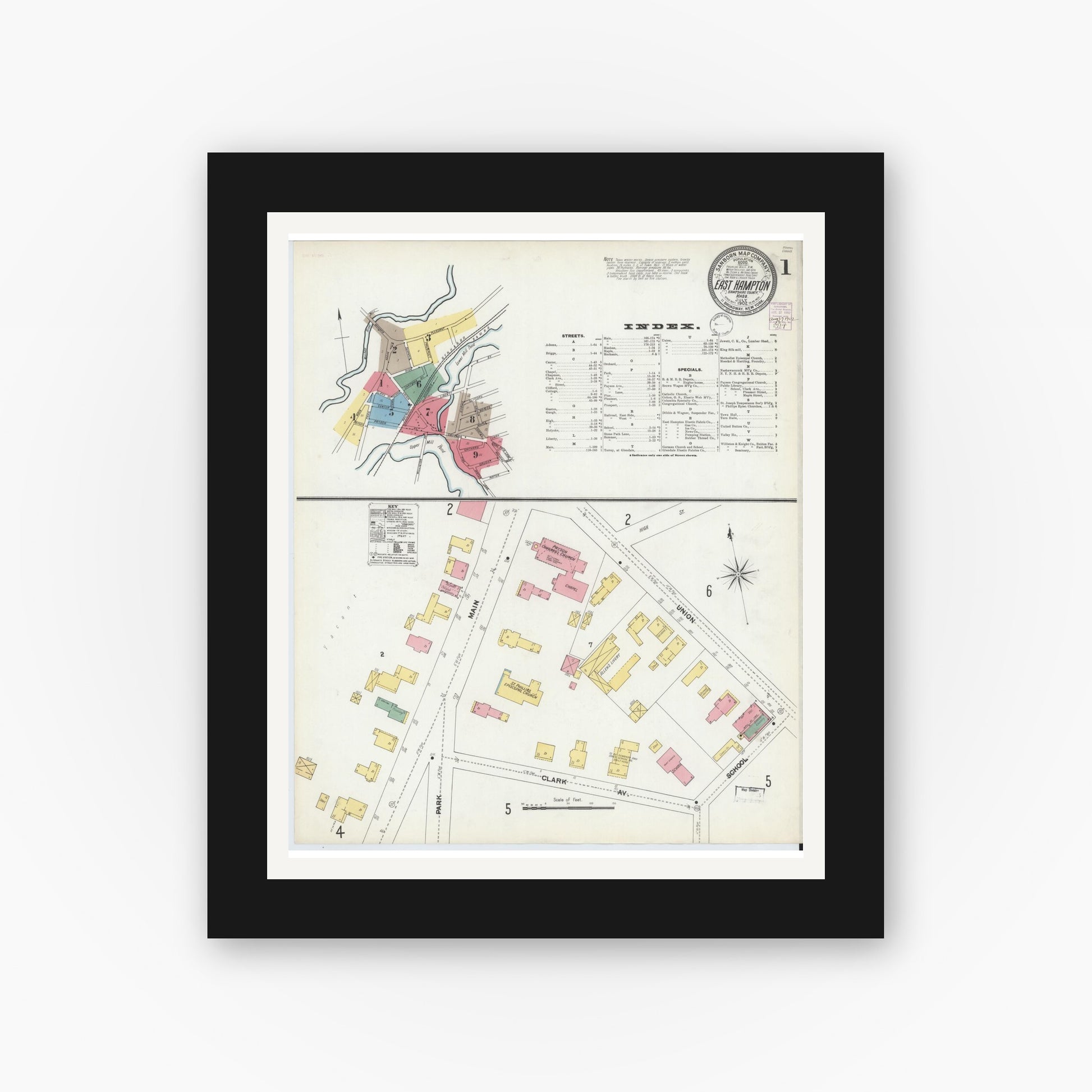 Old map wall art mockup — black gallery frame with white mat — Sanborn Fire Insurance Map from East Hampton, Hampshire County, Massachusetts (1902) - Complete Map Set