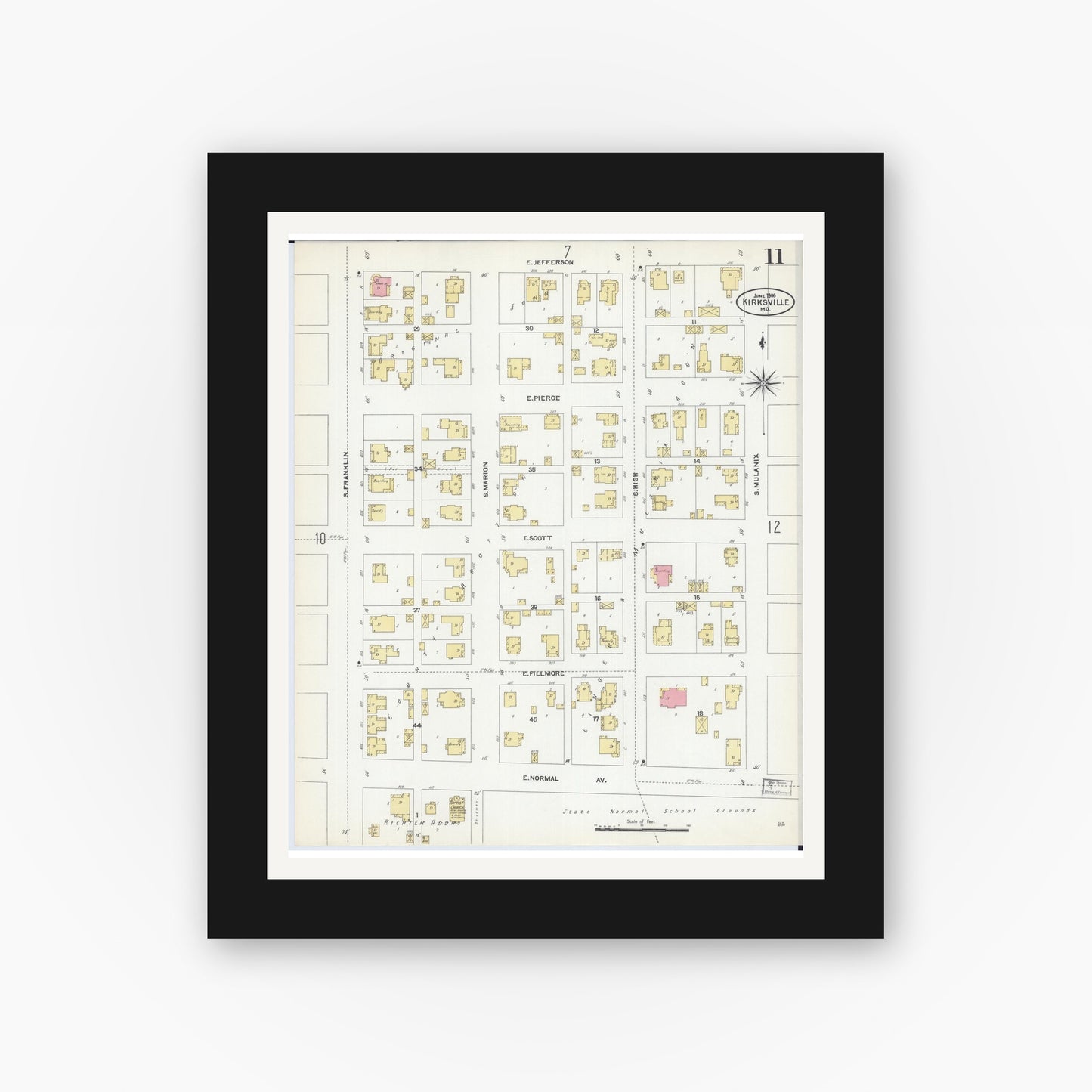 Old map wall art mockup — black gallery frame with white mat — Sanborn Fire Insurance Map from Kirksville, Adair County, Missouri (1906), Sheet #0011
